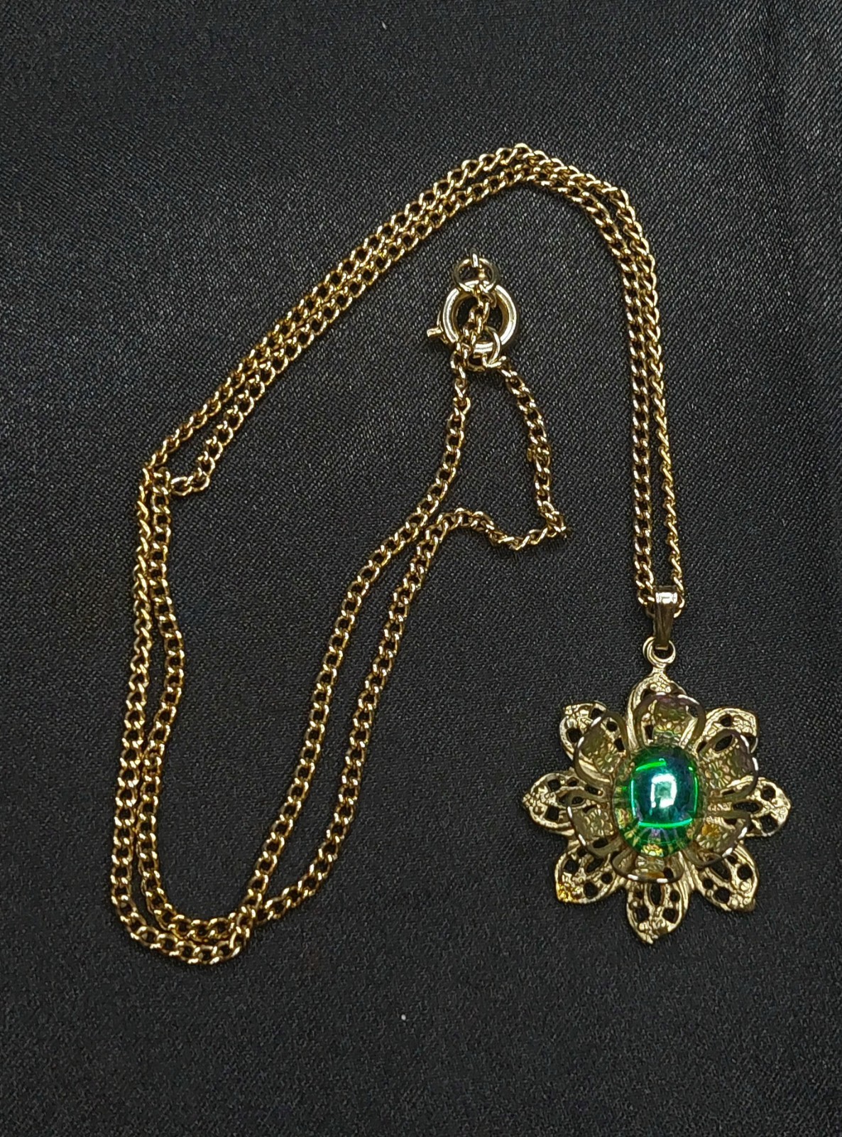 Vintage 1980s Brass Filigree Necklace Rich Gems Las Vegas Unsigned
