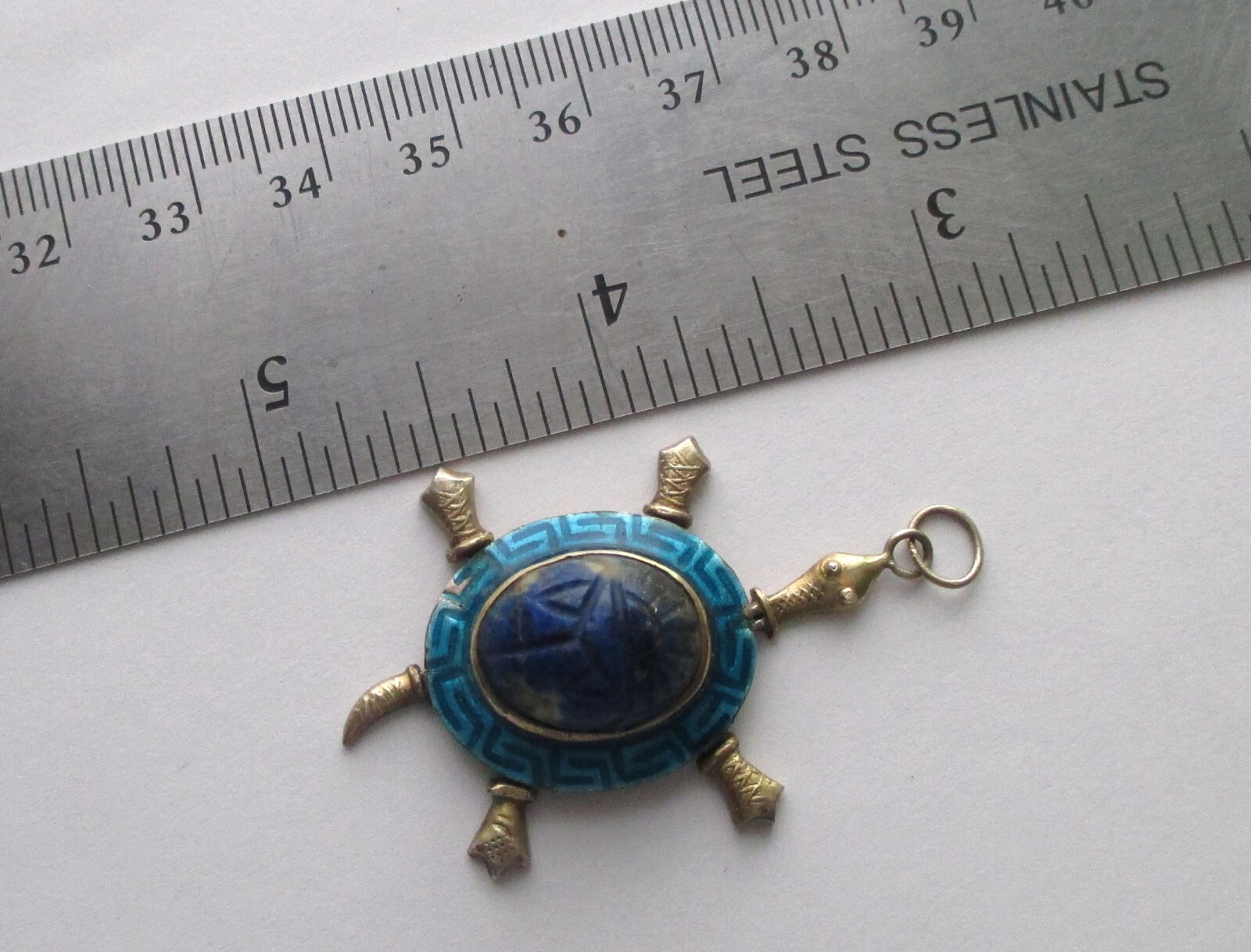 VINTAGE STERLING SILVER EGYPTIAN REVIVAL CARVED LAPIS SCARAB ARTICULATED TURTLE