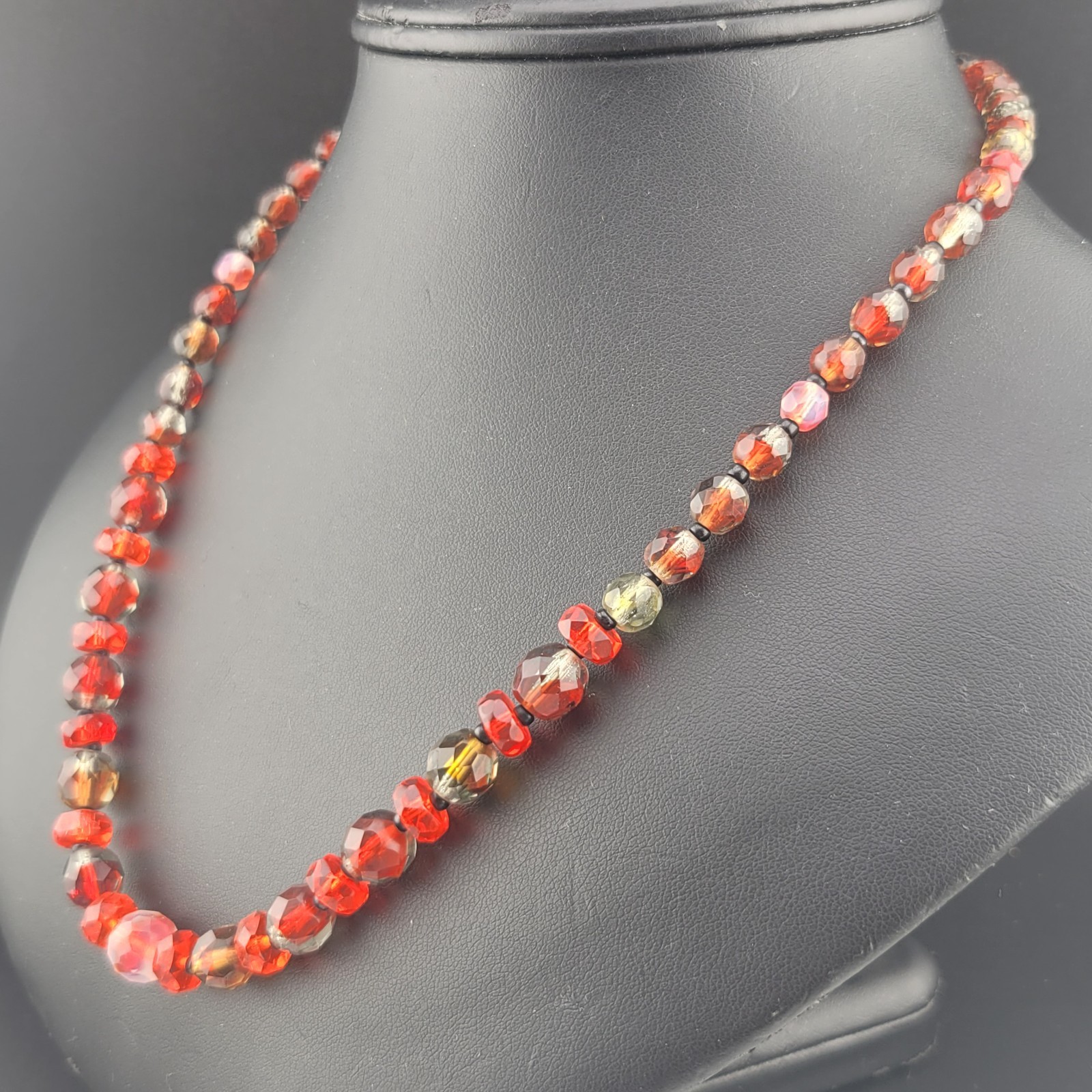 Antique Czech Red Clear Orange Givre Glass Crystal Bead Graduated 20″ Necklace
