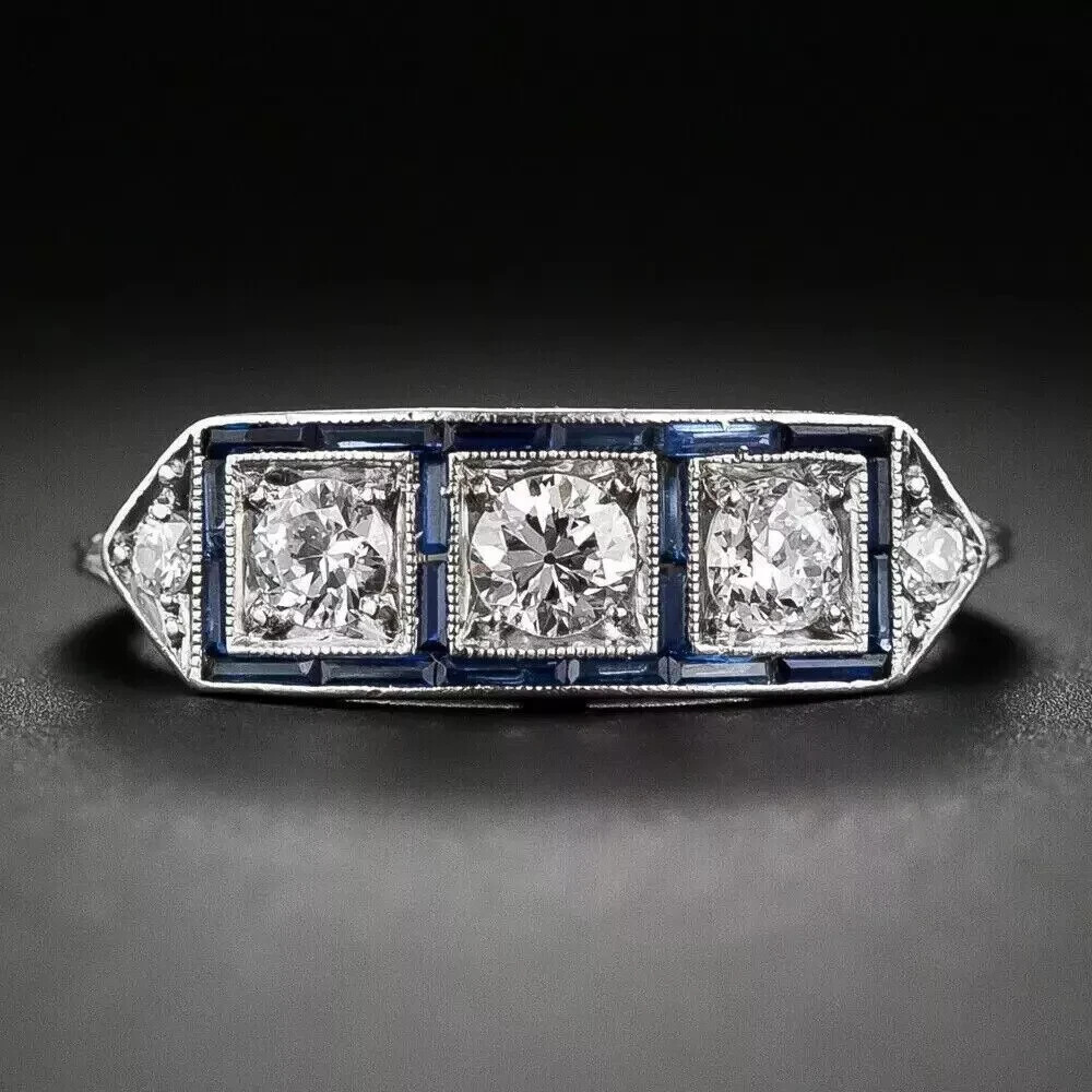 Art Deco Lab Created Diamond Sapphire Three-Stone 14K White Gold FN Wedding Ring
