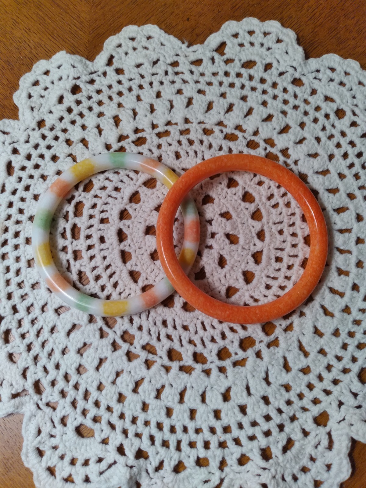Vintage Glass Bangle Bracelets Set of Two Faux Jade Orange Green yellow
