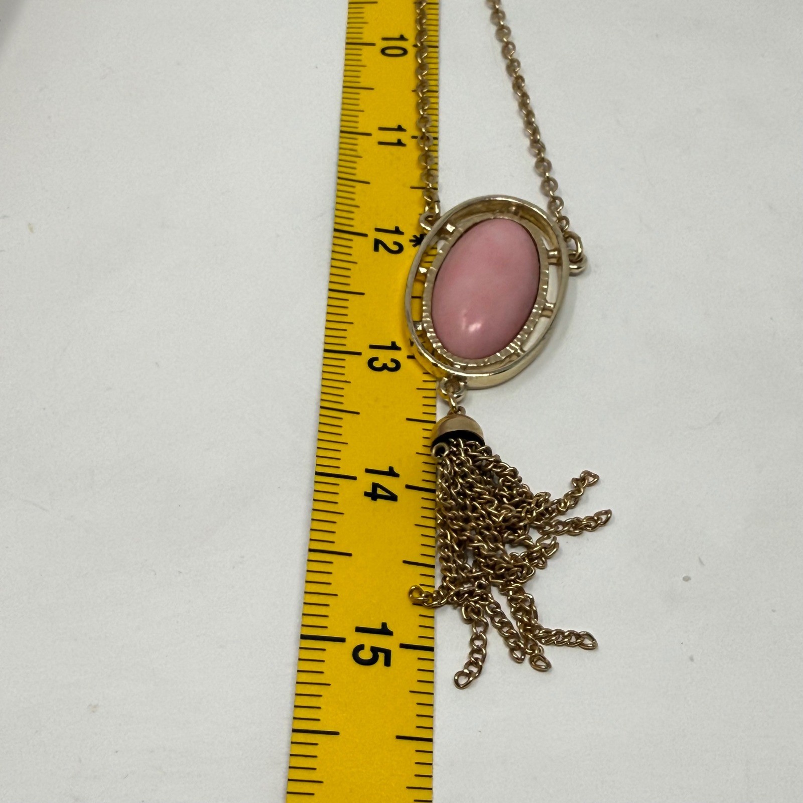 Sarah Coventry Vintage Gold Tone Pink Cabochon Tassel Pendant Long Necklace
