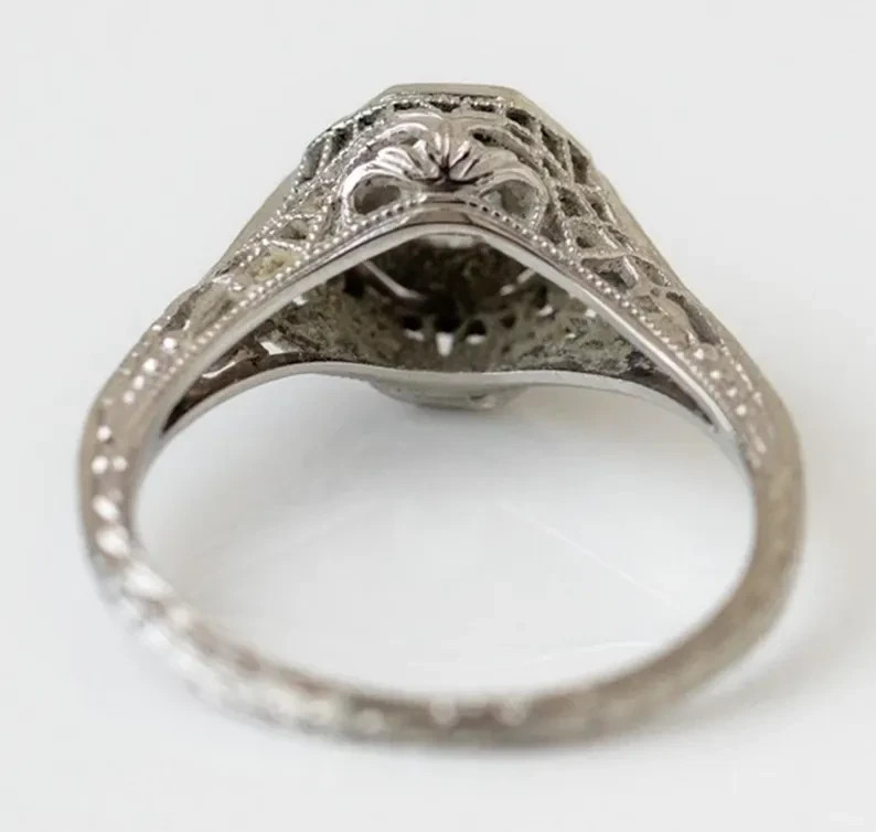 Art Deco Style Lab Created Diamond & Sapphire Engagement 14K White Gold FN Ring