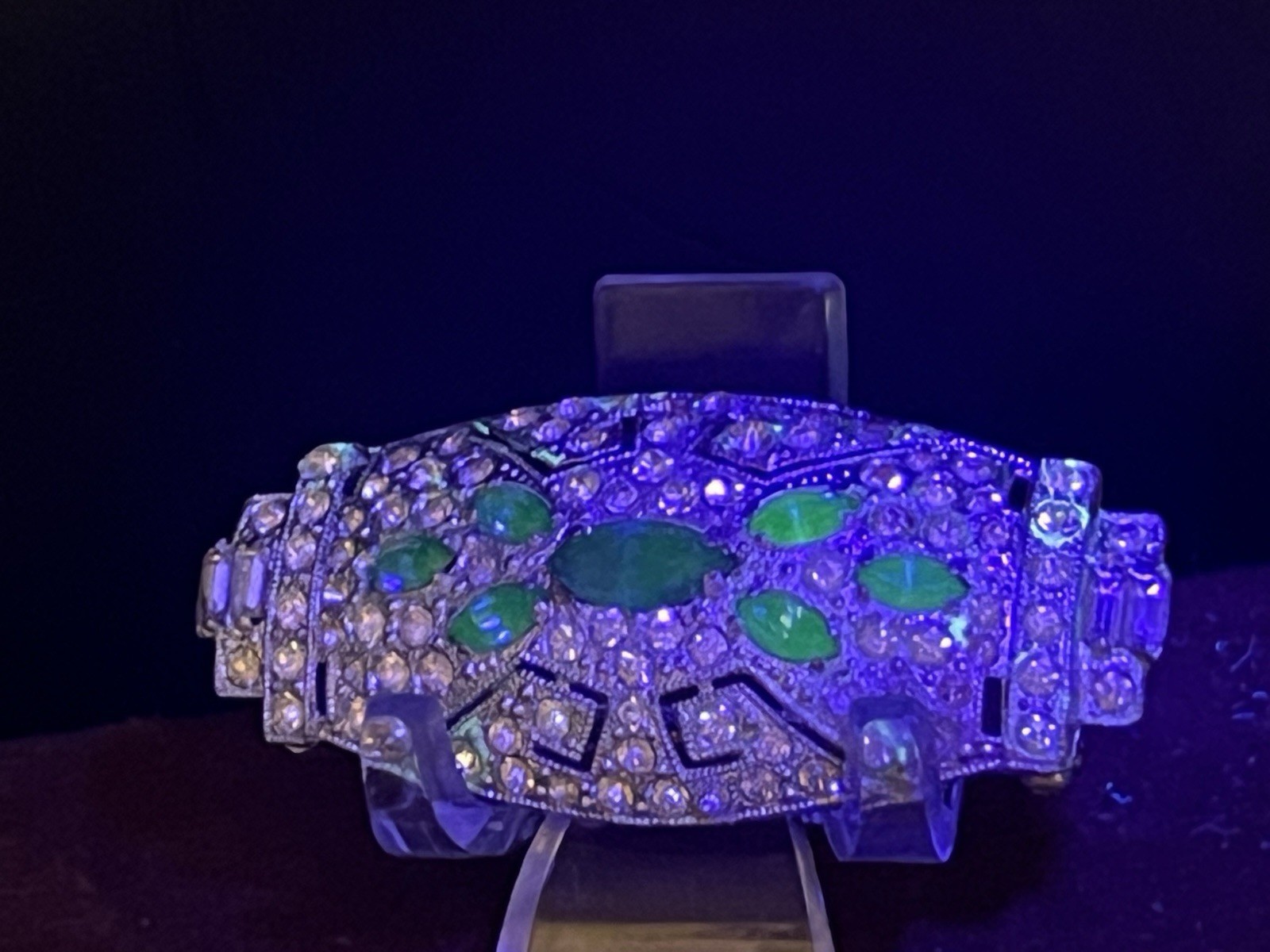 Art Deco Blue Uranium Glow Clear Paste Brooch w/ Baguette & Pavé Rhinestones 2”