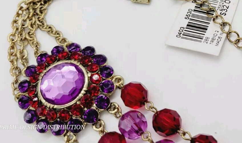 Robert Rose Purple & Red Beaded Necklace 4 Row Layered Collar Vintage WIDE 21 in