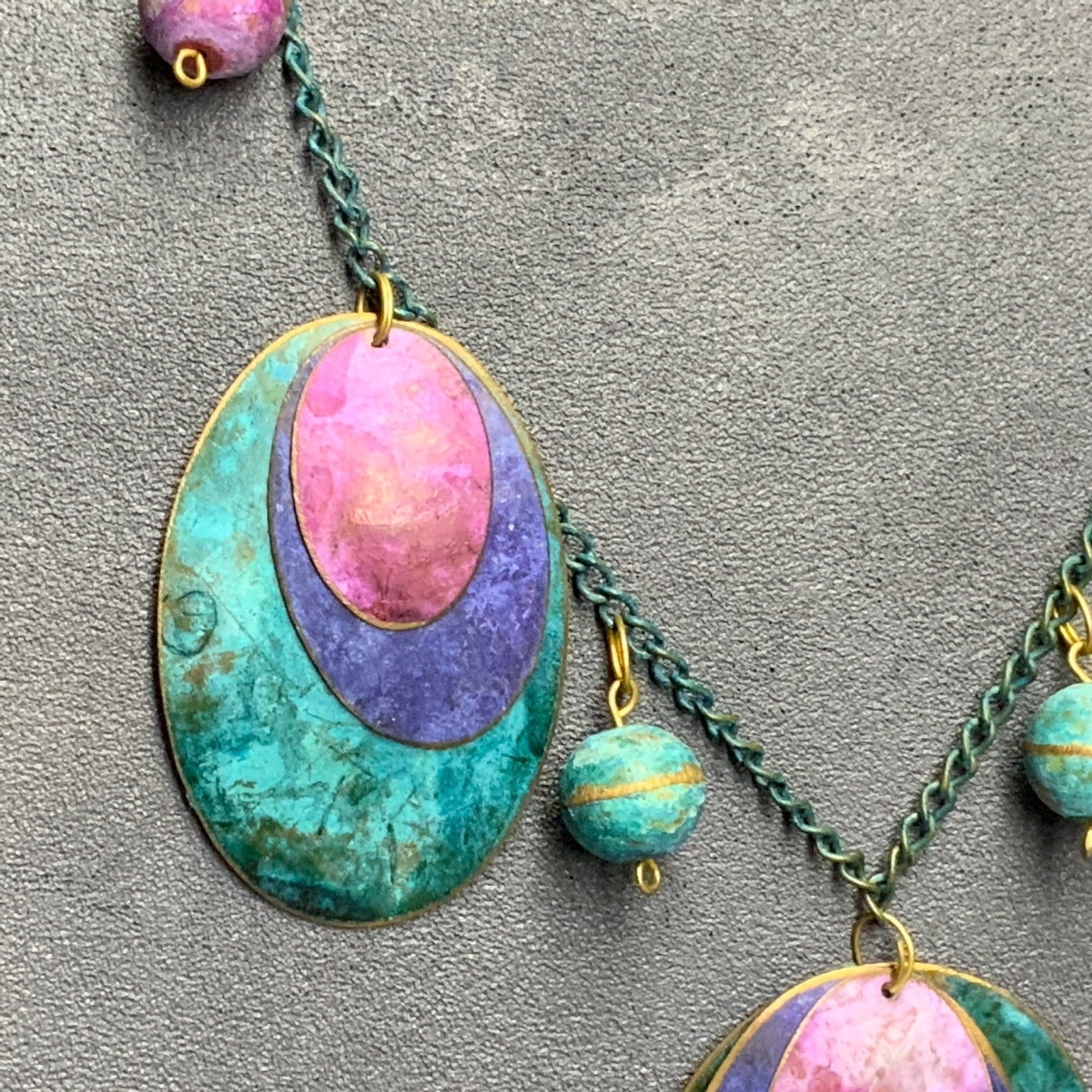 Layered Metal Oval Necklace 25 In Turquoise Blue Pink Purple Gold Rustic Boho
