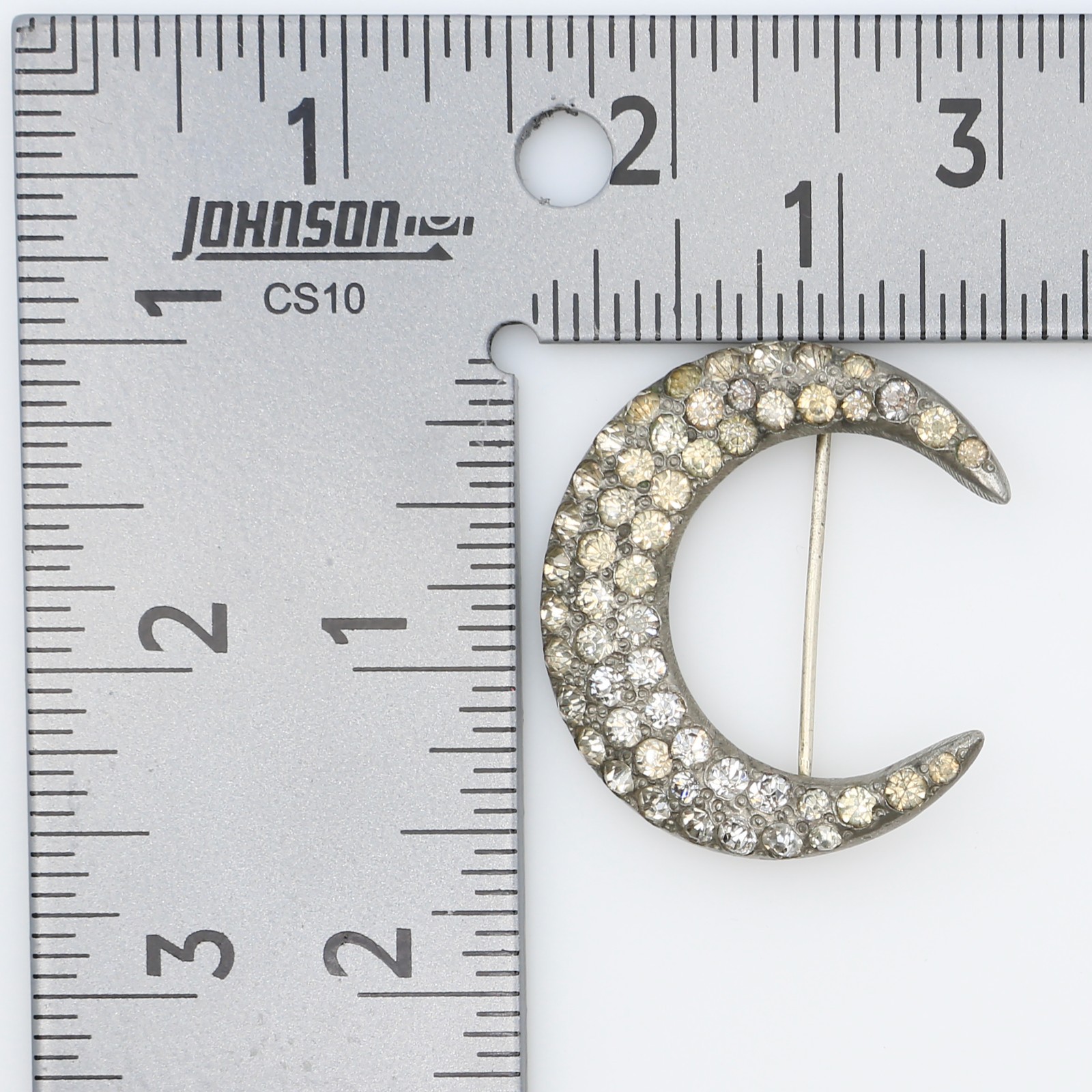 Antique Art Deco Celestial Crescent Moon Rhinestone Pot Metal Brooch 1920s