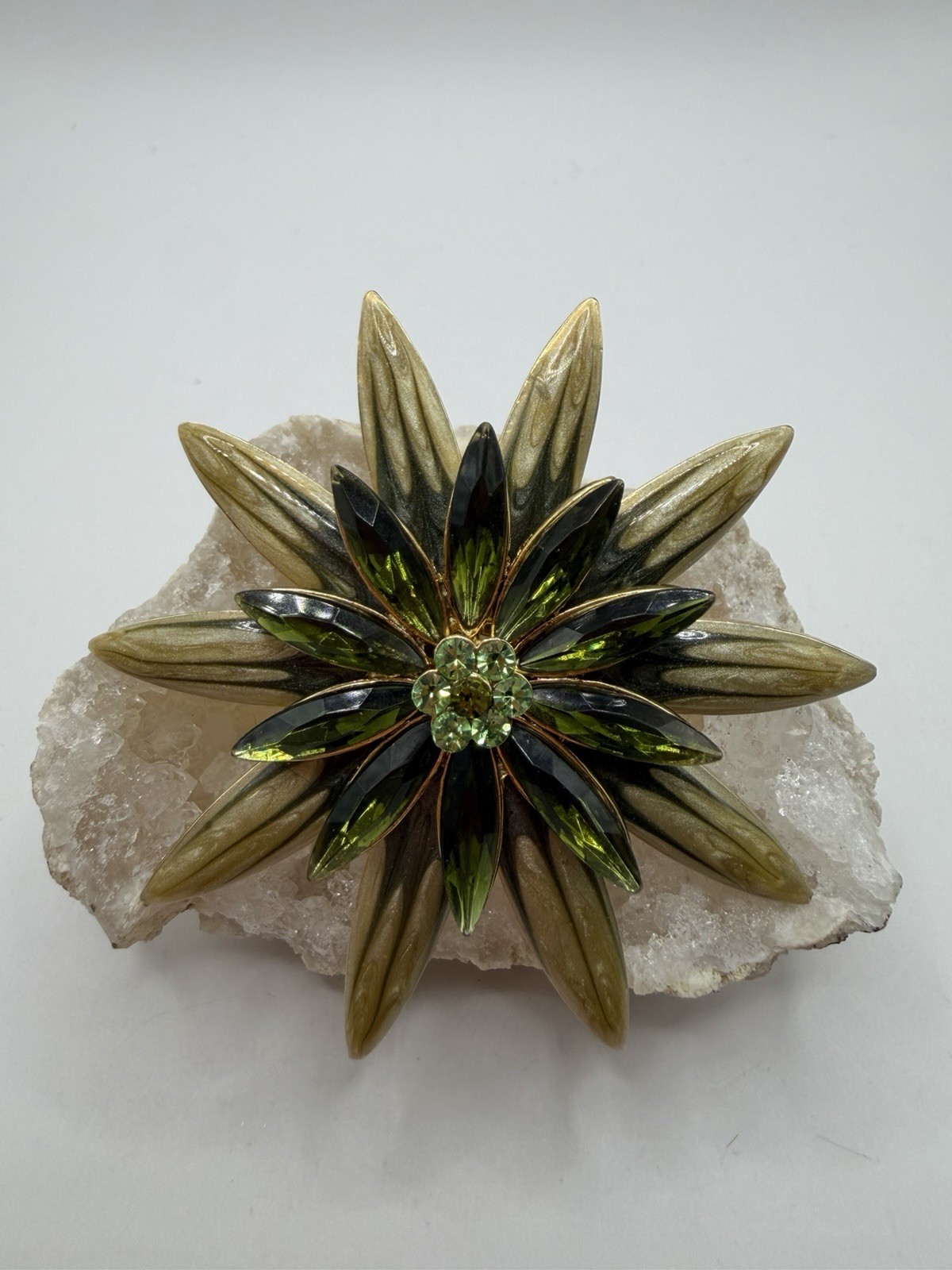 Vintage Olive Green 3-Tier Enamel & Navette Rhinestone Flower Brooch
