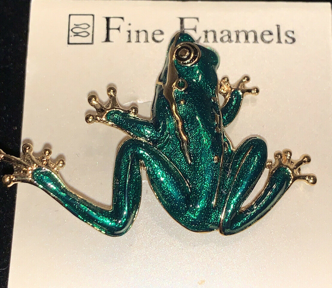Gold Tone Emerald Green Enamel Frog Pin Fashion Brooch by Fine Enamels