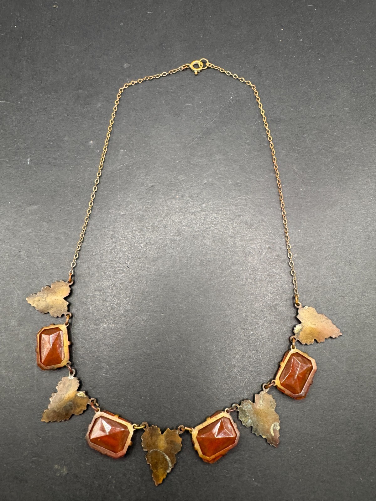 Art Deco Carnelian Glass & Leaf Necklace Brass