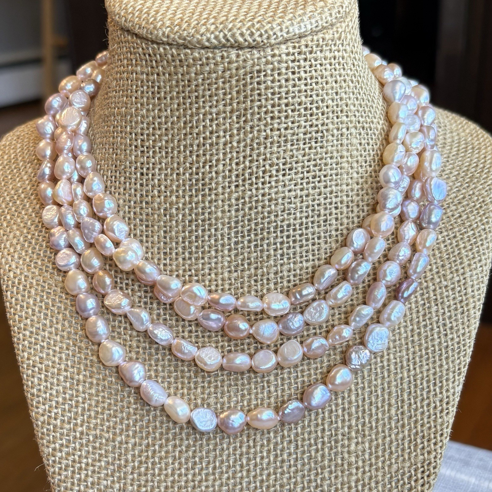 Vintage Long Baroque Freshwater Pearl Necklace Pink Lavender Iridescent