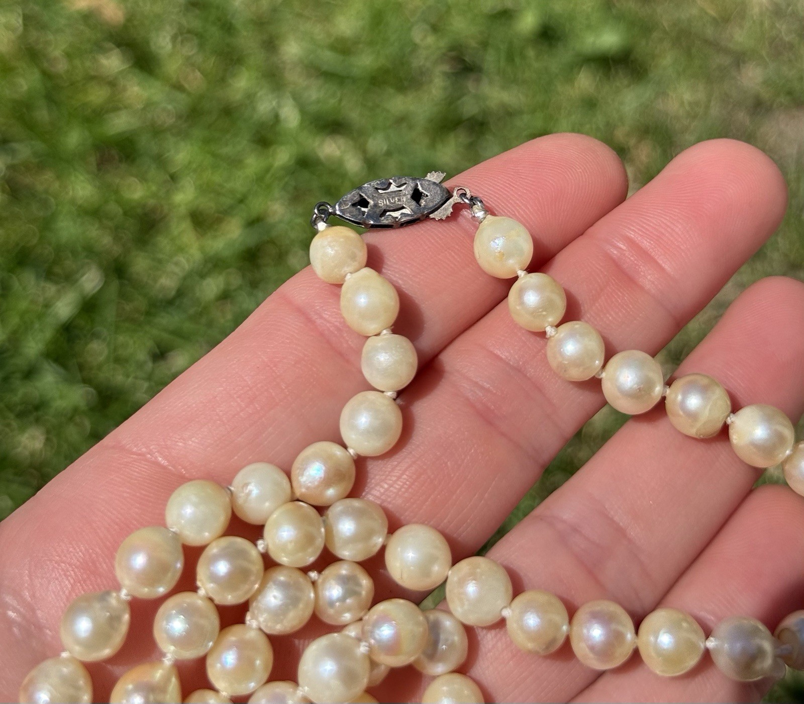 Vtg Art Deco Sterling Silver Pearl Clasp Baroque Akoya Hand Knotted Necklace 25”