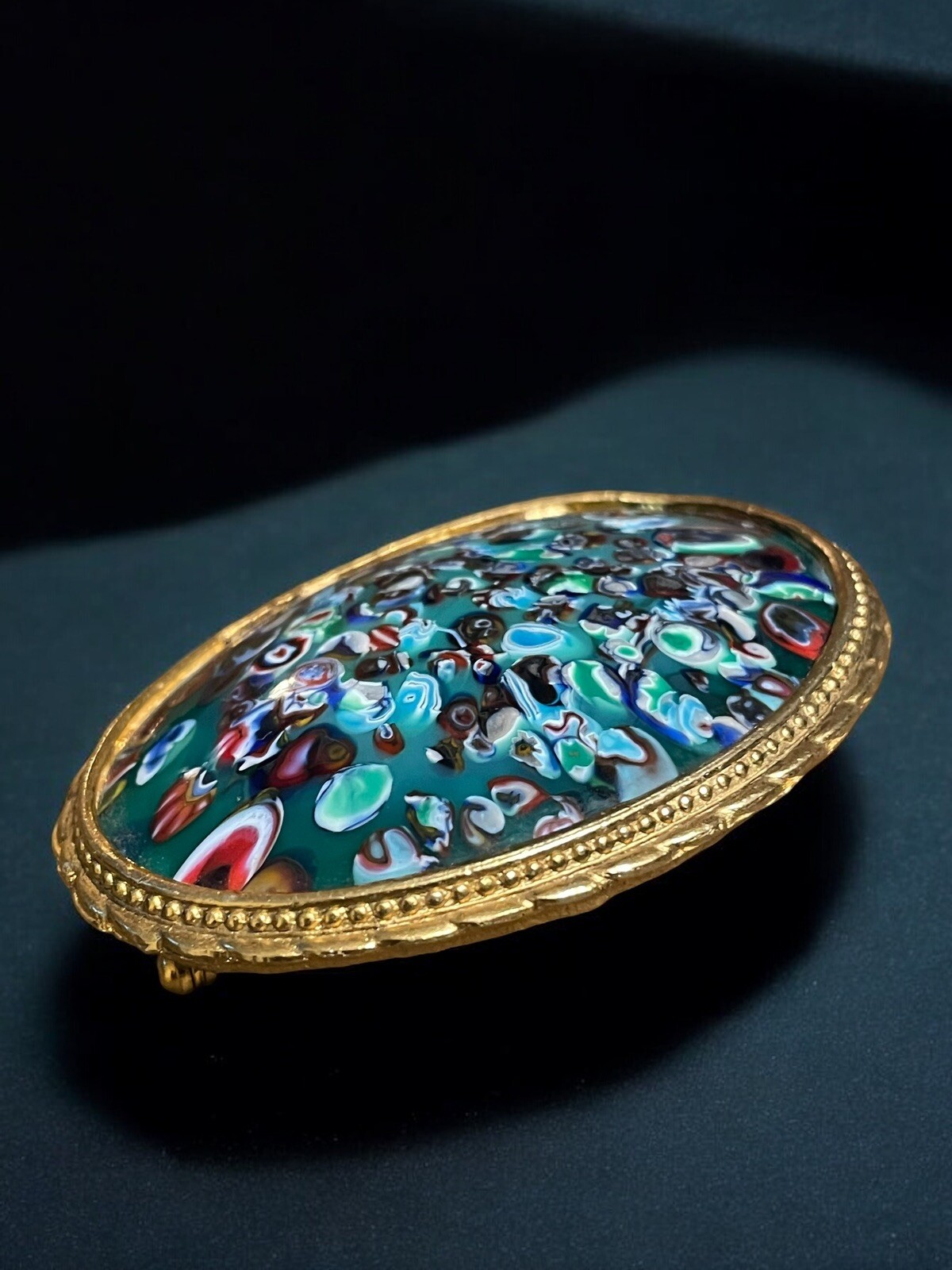 Vintage Art Glass Millefiori Look Large Statement Brooch Gold Tone Oval Frame