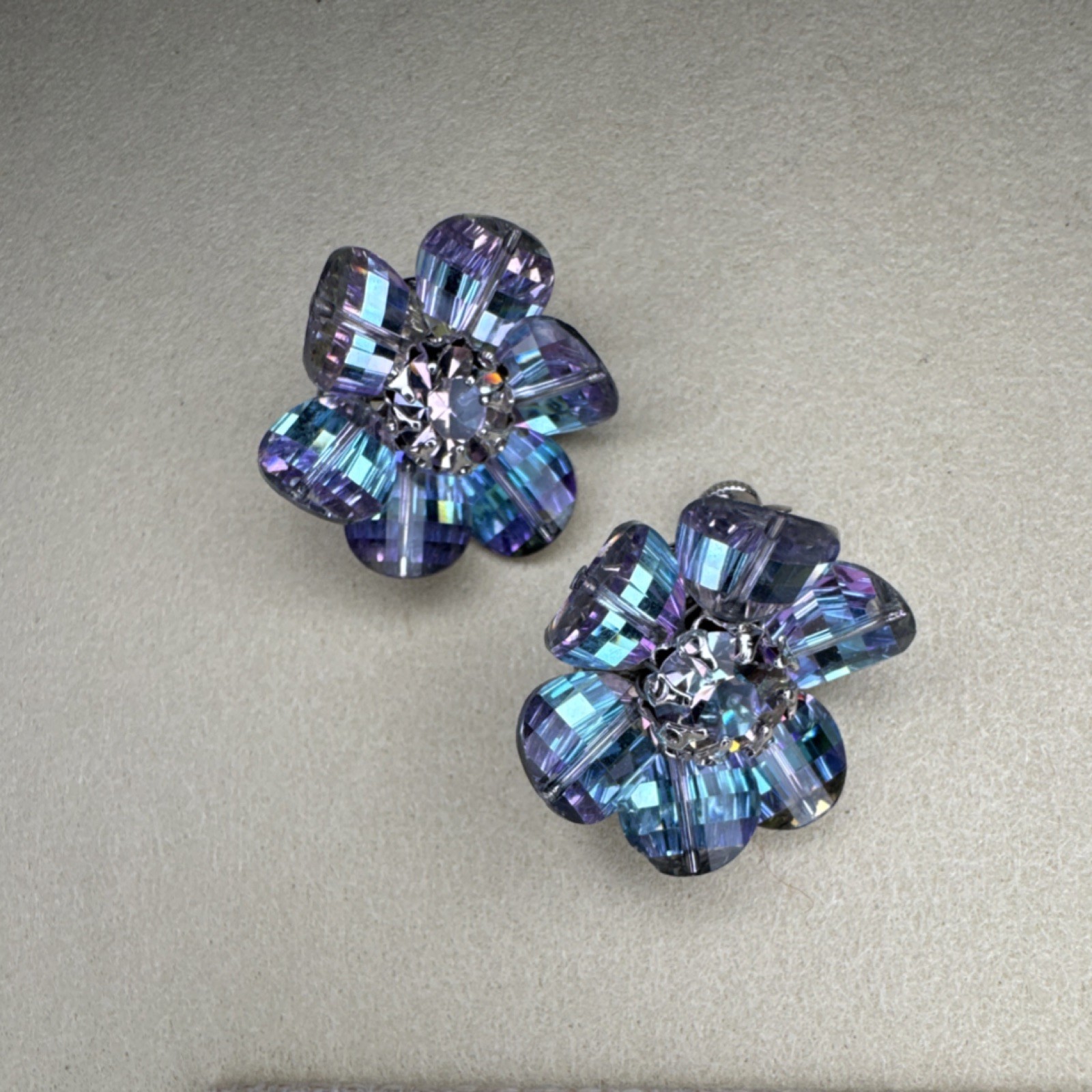 Vintage Vendome Wisteria Swarovski Pagoda Bead Flower Clip Earrings