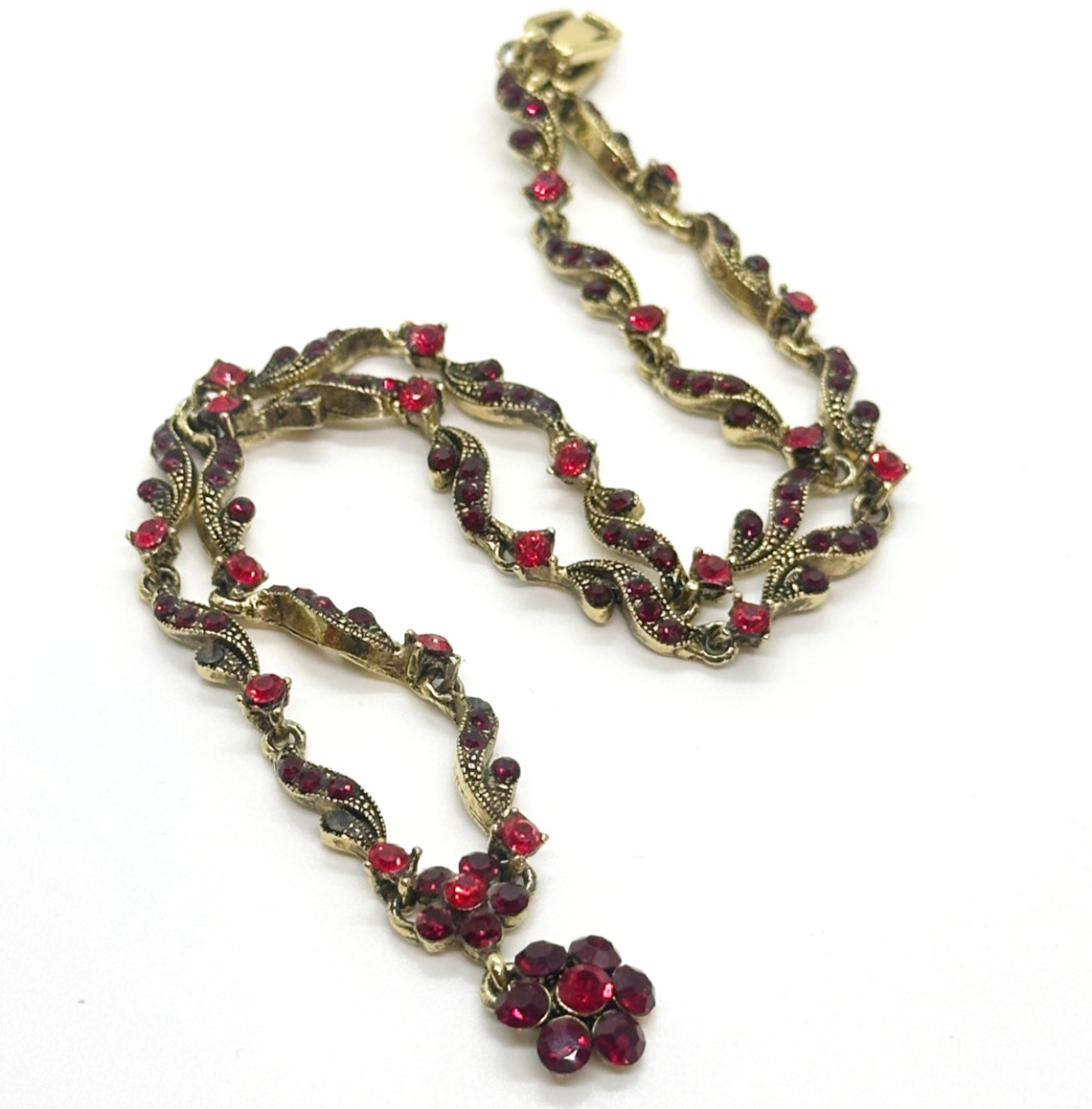 Vintage Rhinestone Necklace Red Crystal Gold Tone Flower Pendant JHS