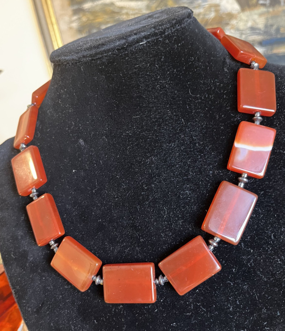 VTG Carnelian Agate Necklace Egyptian Revival Bib Style Rectangular Beads 19″