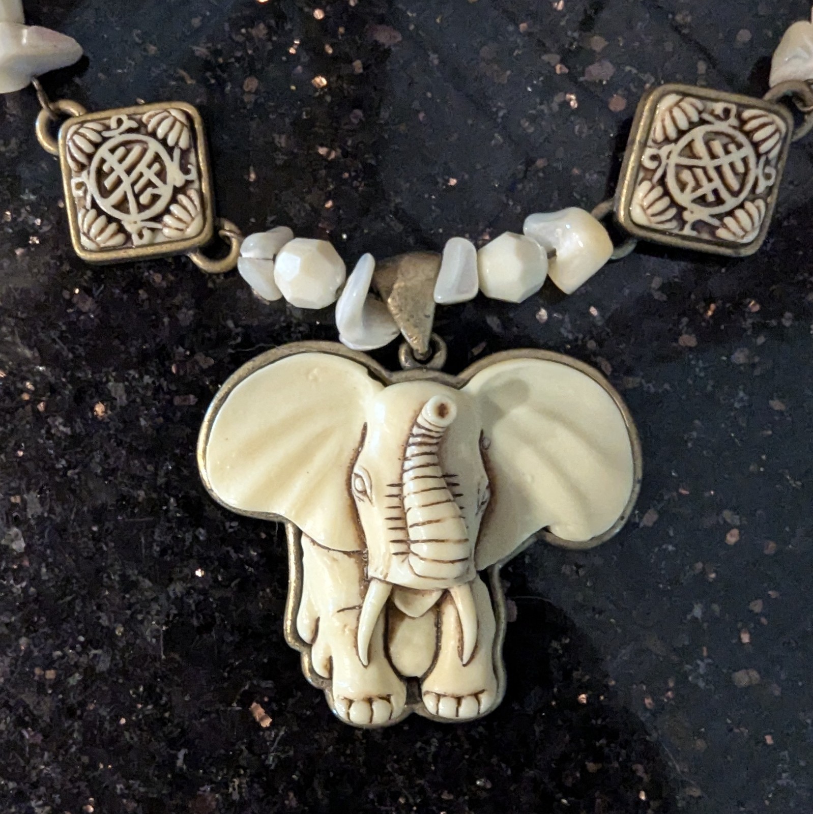 Vintage Carved Resin Elephant Necklace Signed JS, Joann She Choker Style