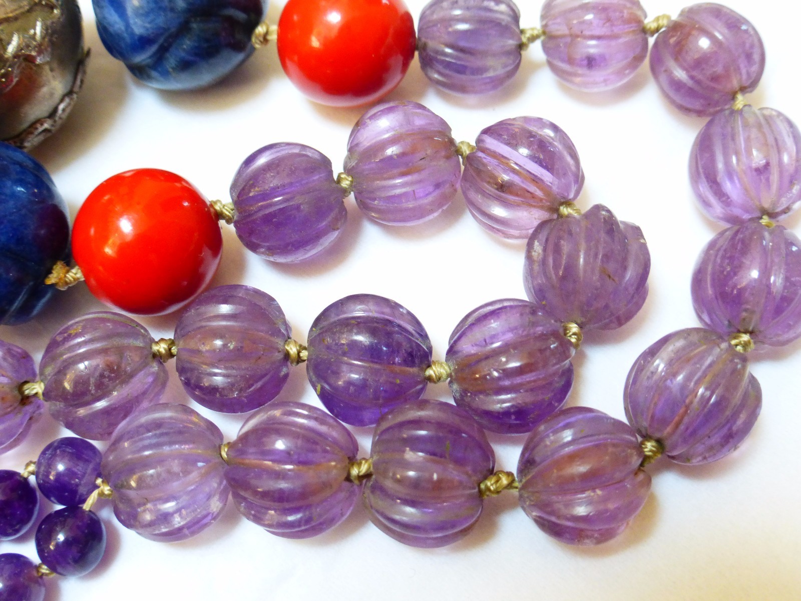Vintage Carved Amethyst, Lapis, Laquer Beads Necklace, Sterling Bead, Clasp