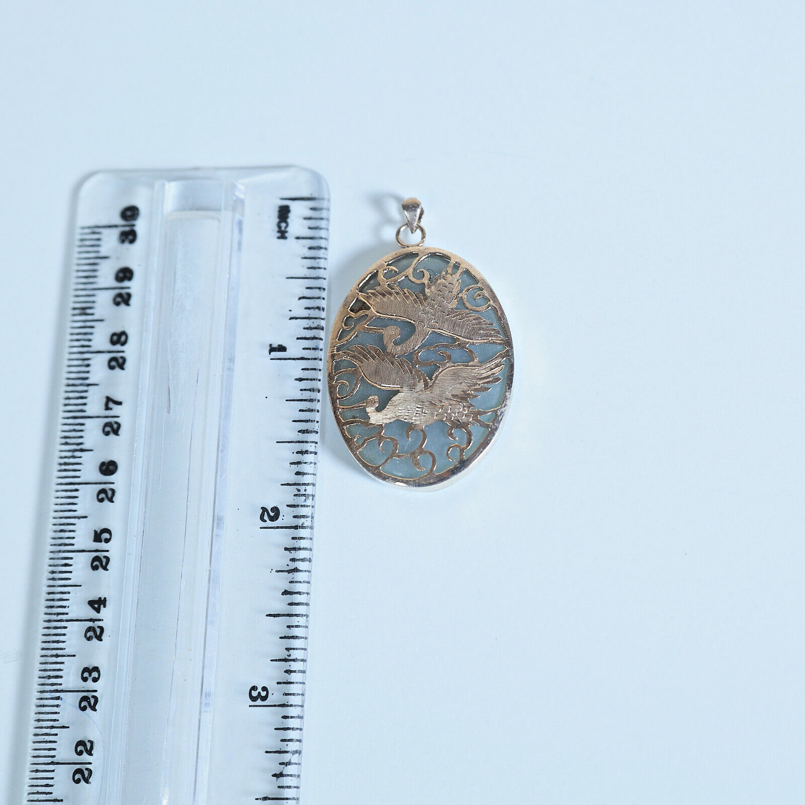 VTG 1970s/80s Asian 2 Cranes GP Open Metalwork on Oval Jadeite Pendant 1.75″Tall