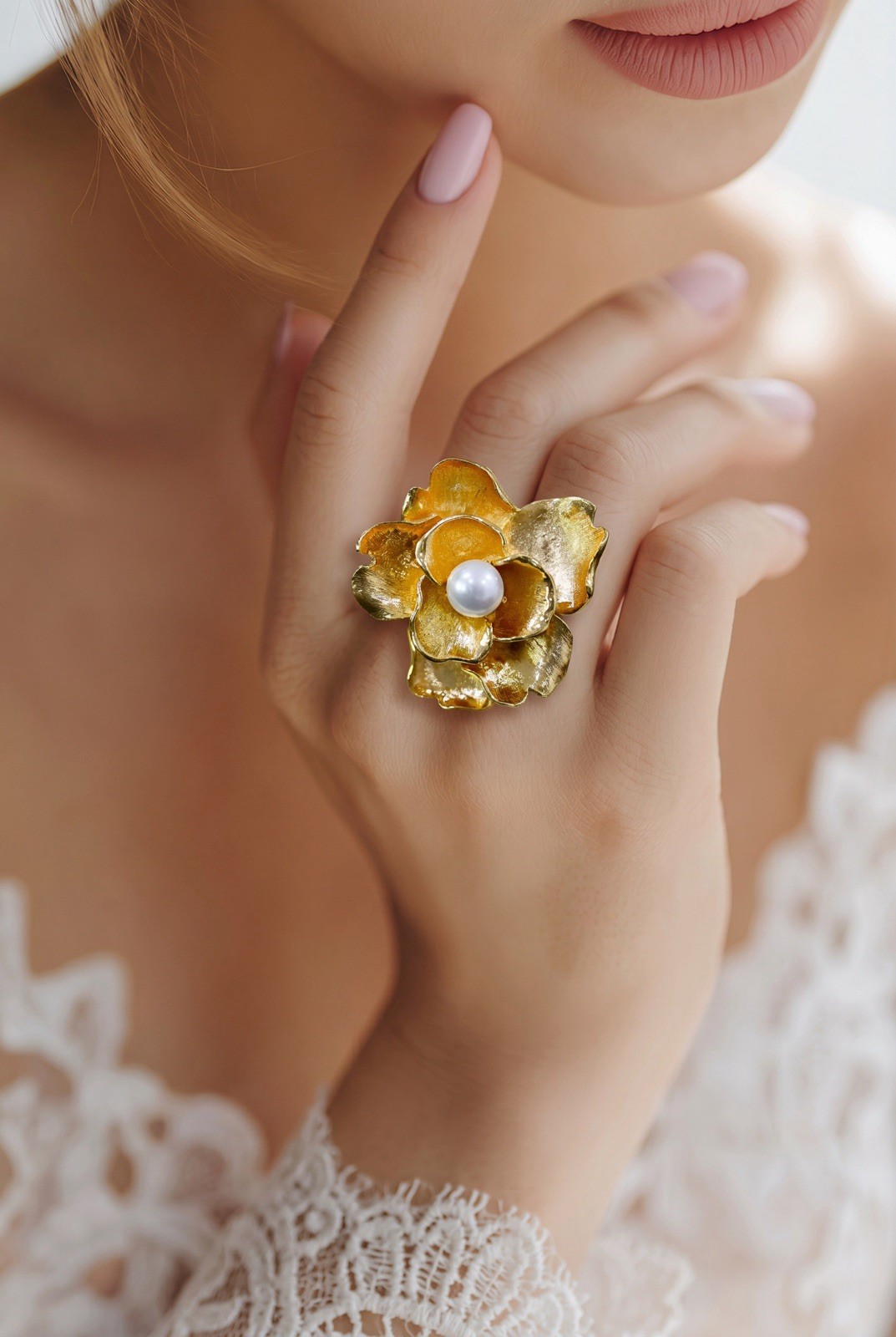 Kenneth Jay Lane 18K Gold Plated Flower Pearl Statement Ring