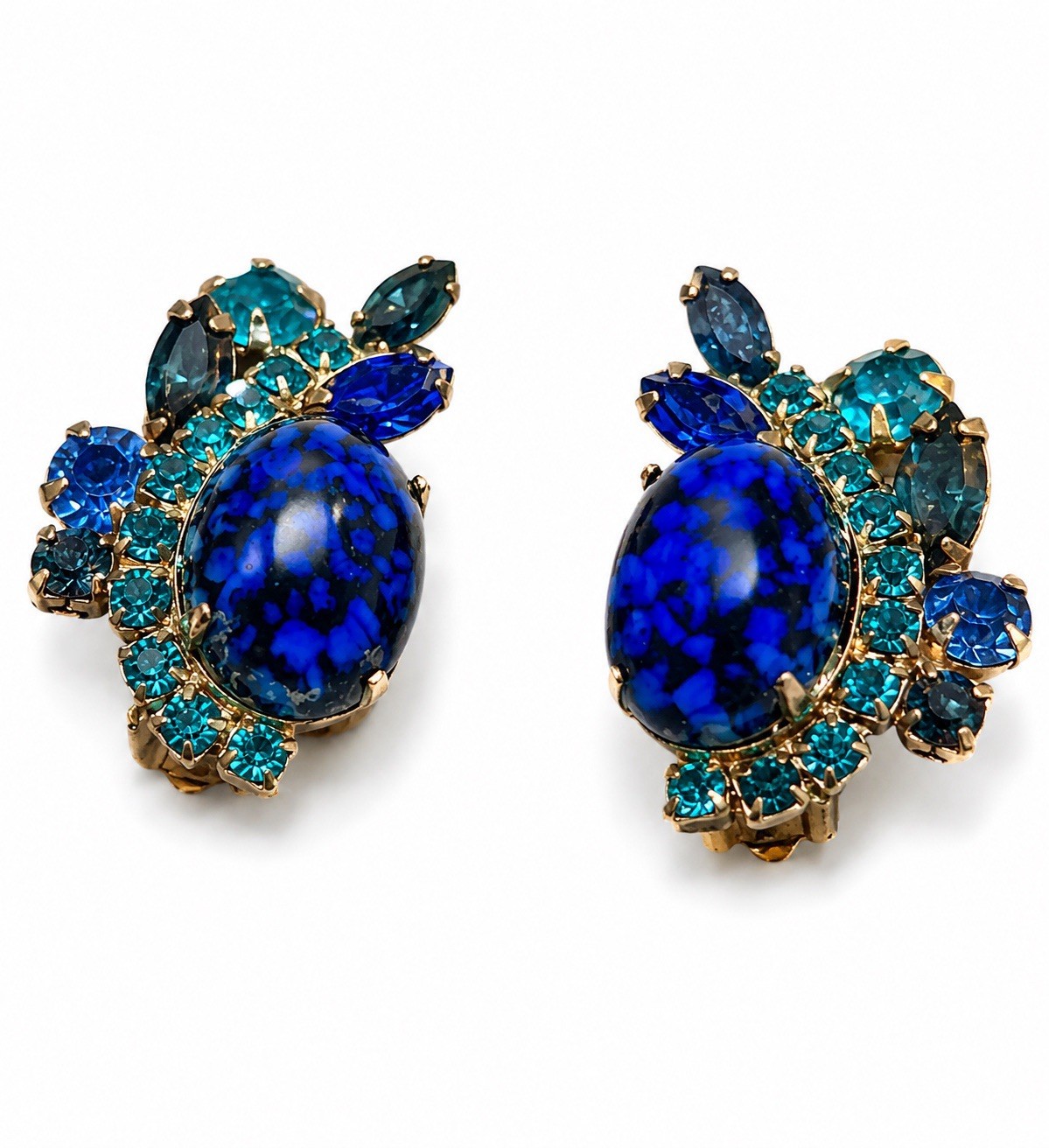 Vintage Juliana D&E Blue Art Glass & Rhinestone Clip-On Earrings | Circa 1960s