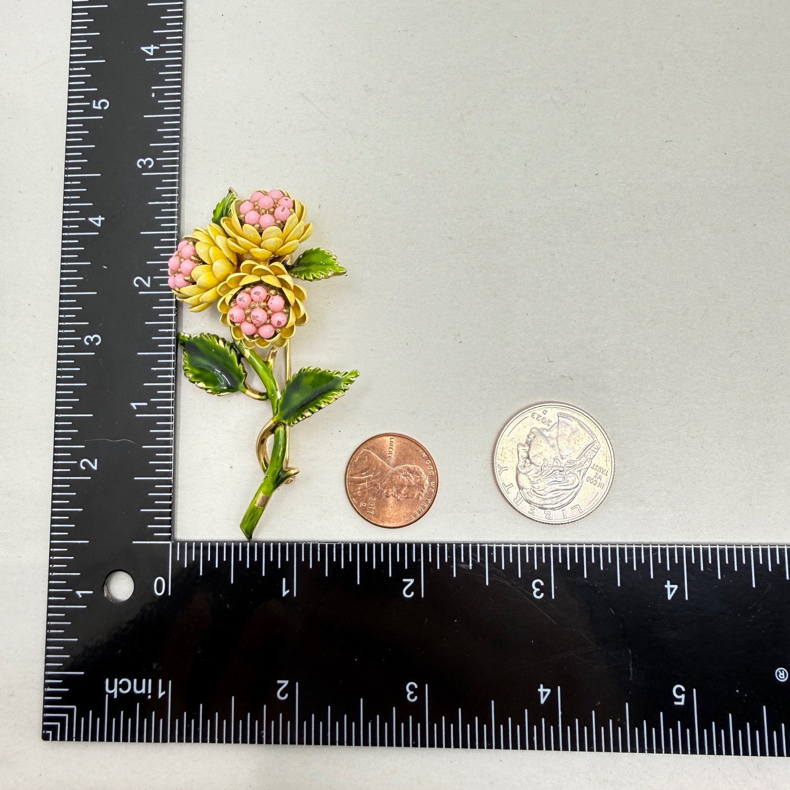 Vintage Enamel Flower Brooch Yellow Pink Green Floral Mid Century Botanical 3″