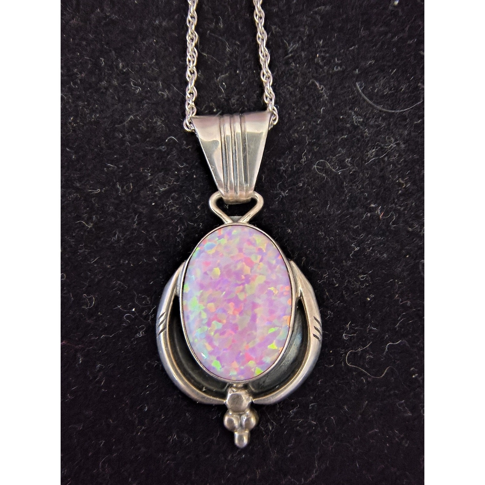 Running Bear Sterling Silver Pink Lab Opal Southwest Old Pendant Necklace 15″