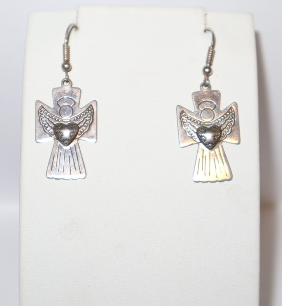 Vintage Carolyn Pollack Silver Designer Cross with Heart Angel and Earrings Set