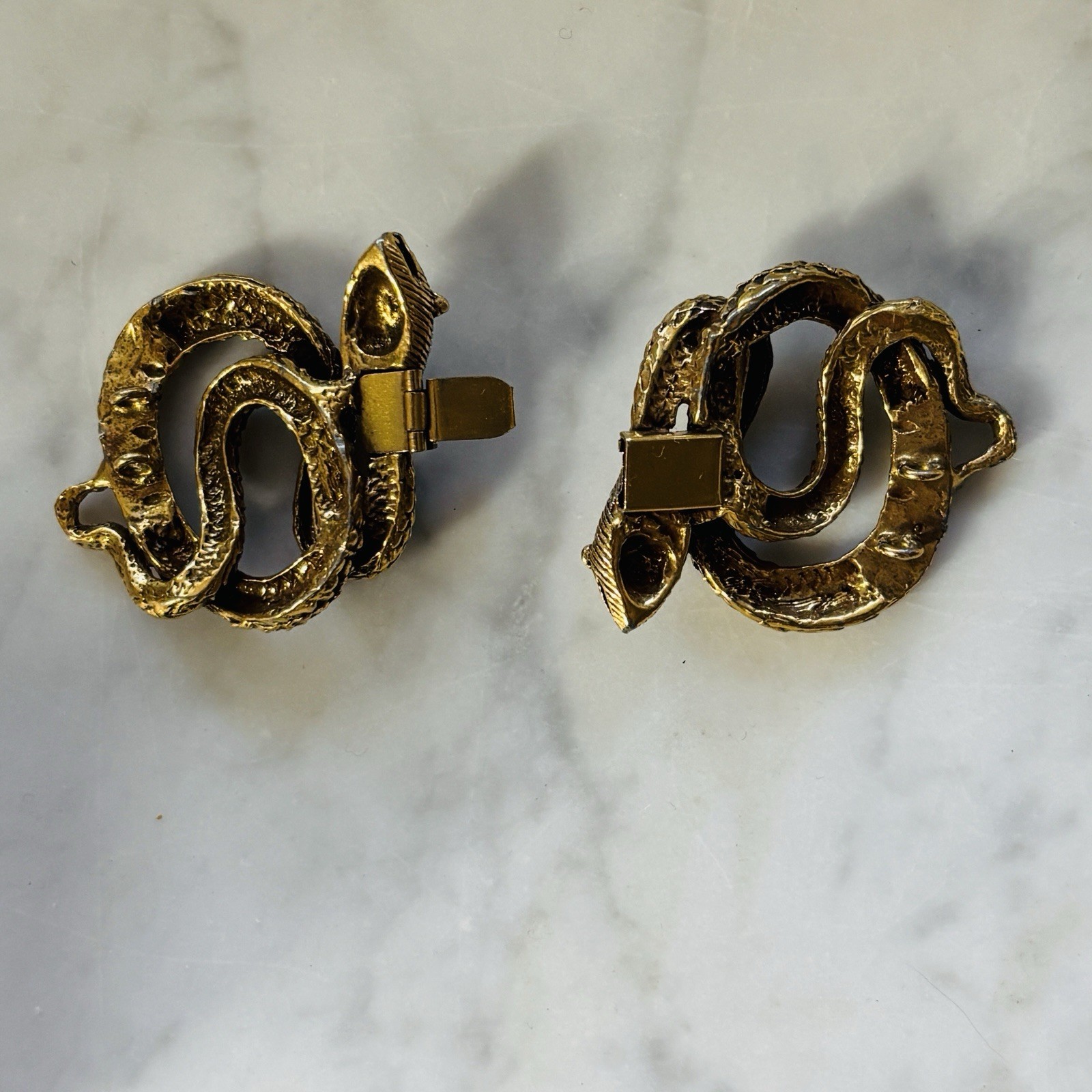 Antique Victorian Brass-Plated Repoussé Double Serpent Bracelet Clasp C. 1900