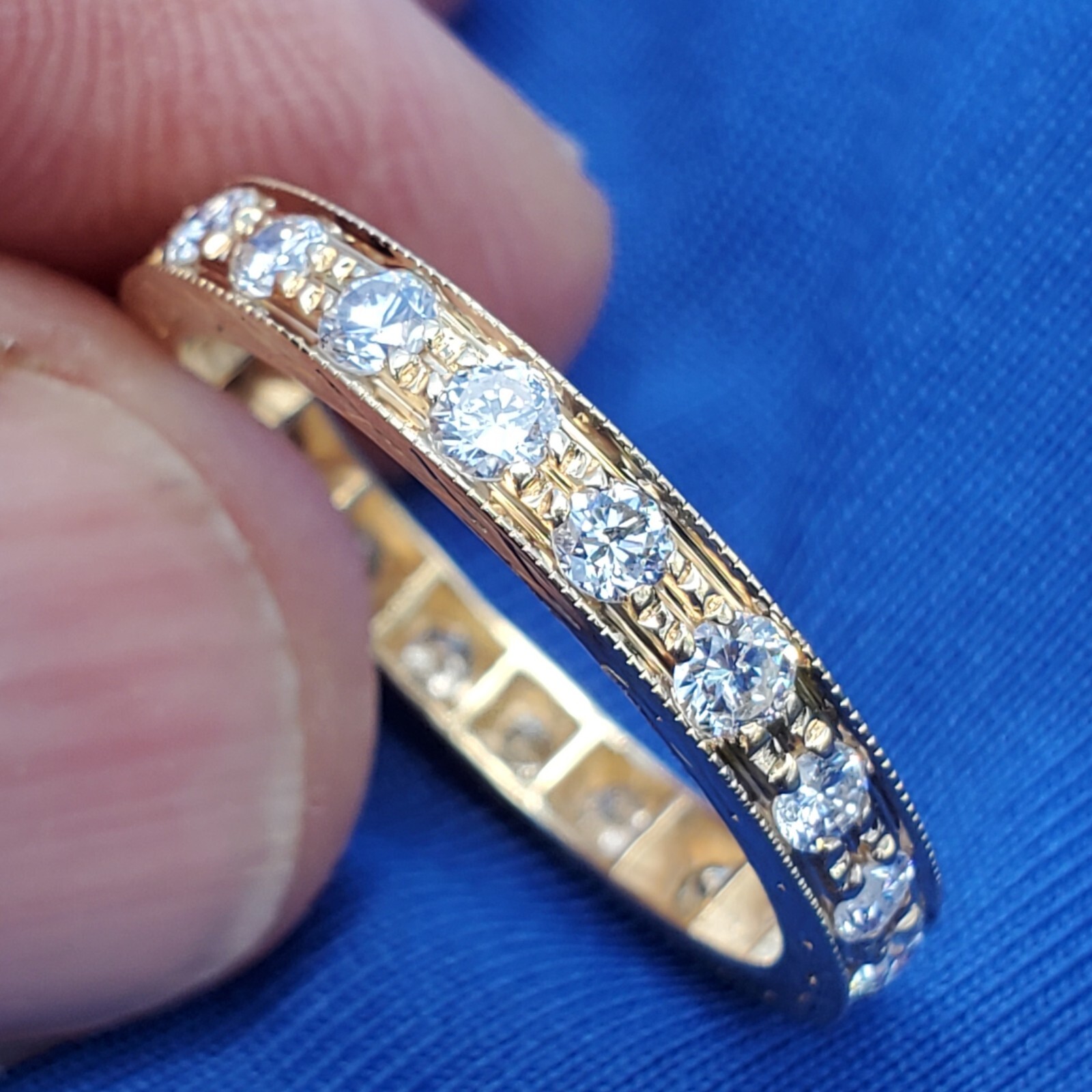 ORIGINAL EARTH MINED DIAMOND Deco Wedding Band SOLID 14K GOLD Eternity Ring 9.5