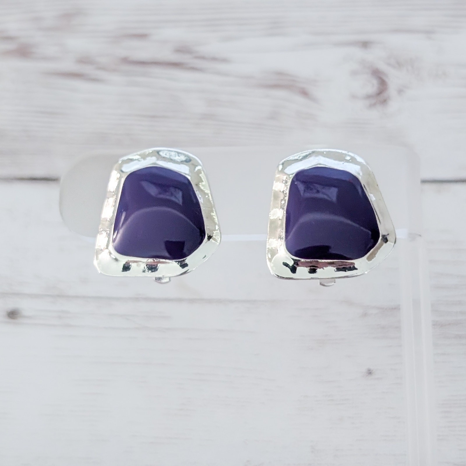 Vintage Clip On Earrings Unusual Statement Purple & Silver Tone Stylish