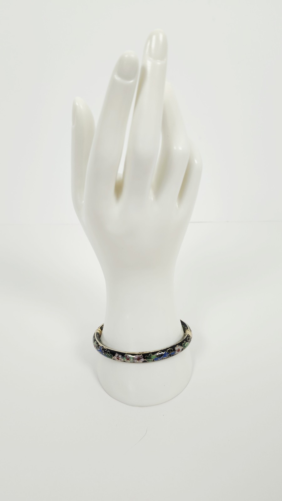 Vintage Chinese Black Cloisonné Enamel Bangle Bracelet Floral Hinged Gilt Brass