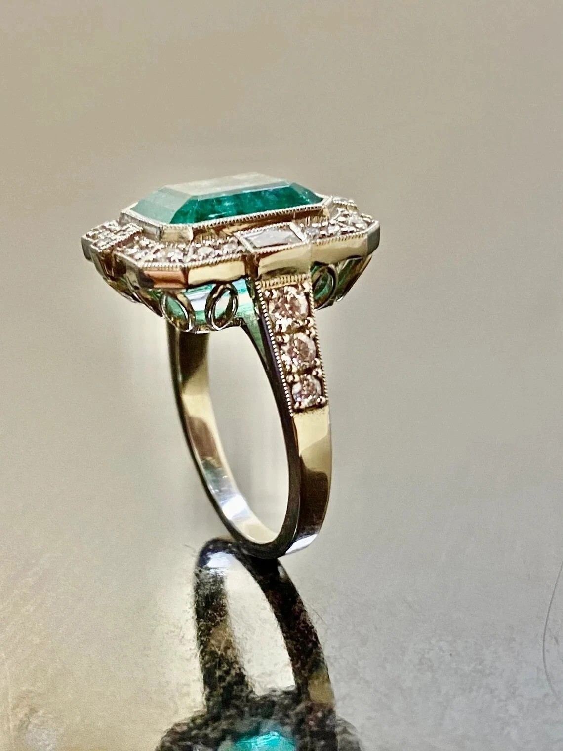 3.65Ct Art Deco Vintage Lab Created Emerald Diamond Engagement 925 Silver Ring