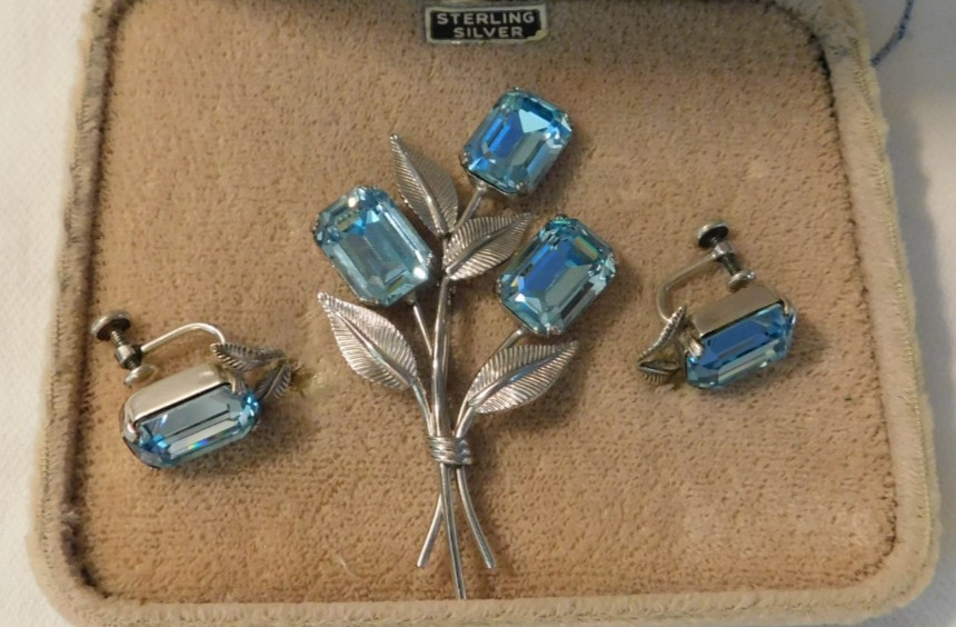 Sterling Silver Blue Crystal Rhinestone Flower Brooch and Earrings Vintage Set