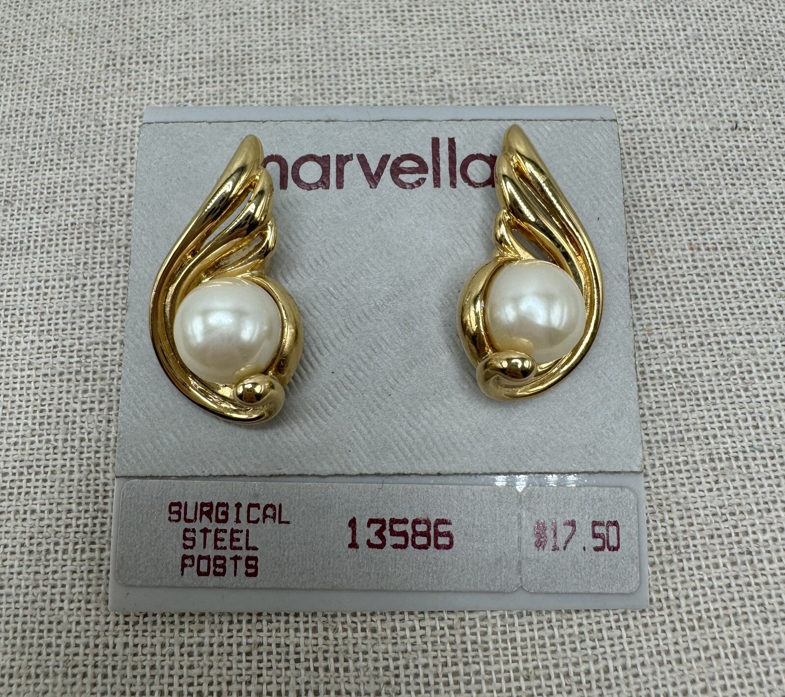 New Vintage Marvella Faux Pearl Gold Tone Pierced Earrings NOS