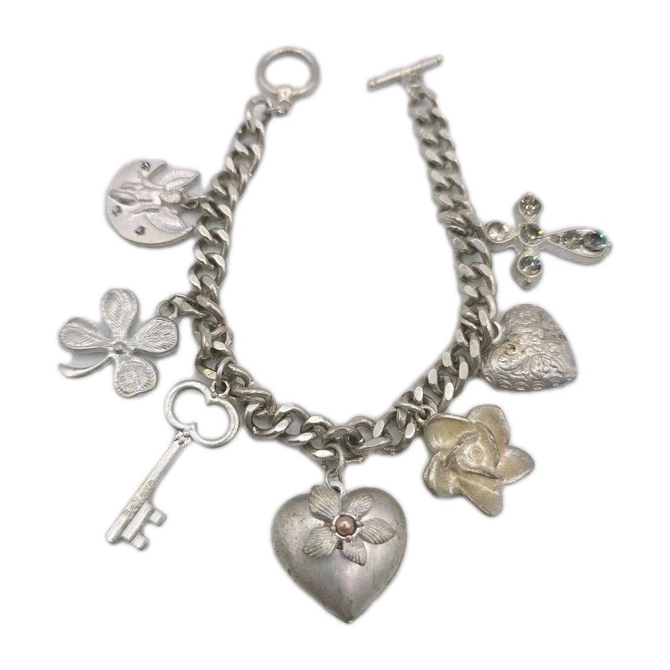 Vintage Silver Tone Chunky Charm Bracelet Heart Key Clover 8″ Cross Love Luck