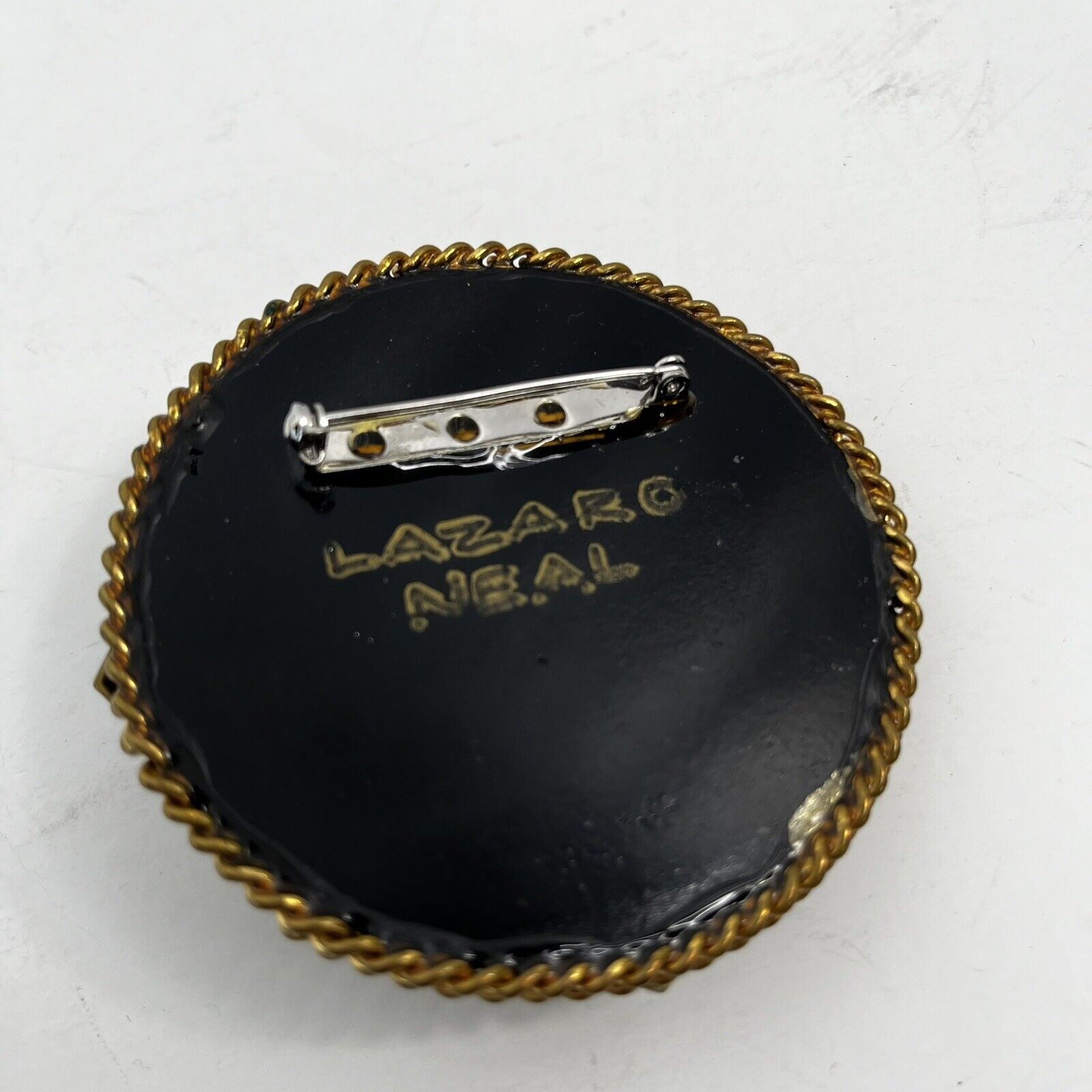 Stunning Vintage 1980s Signed Lazaro Neal Pin Brooch Black White Gold 3 in Round