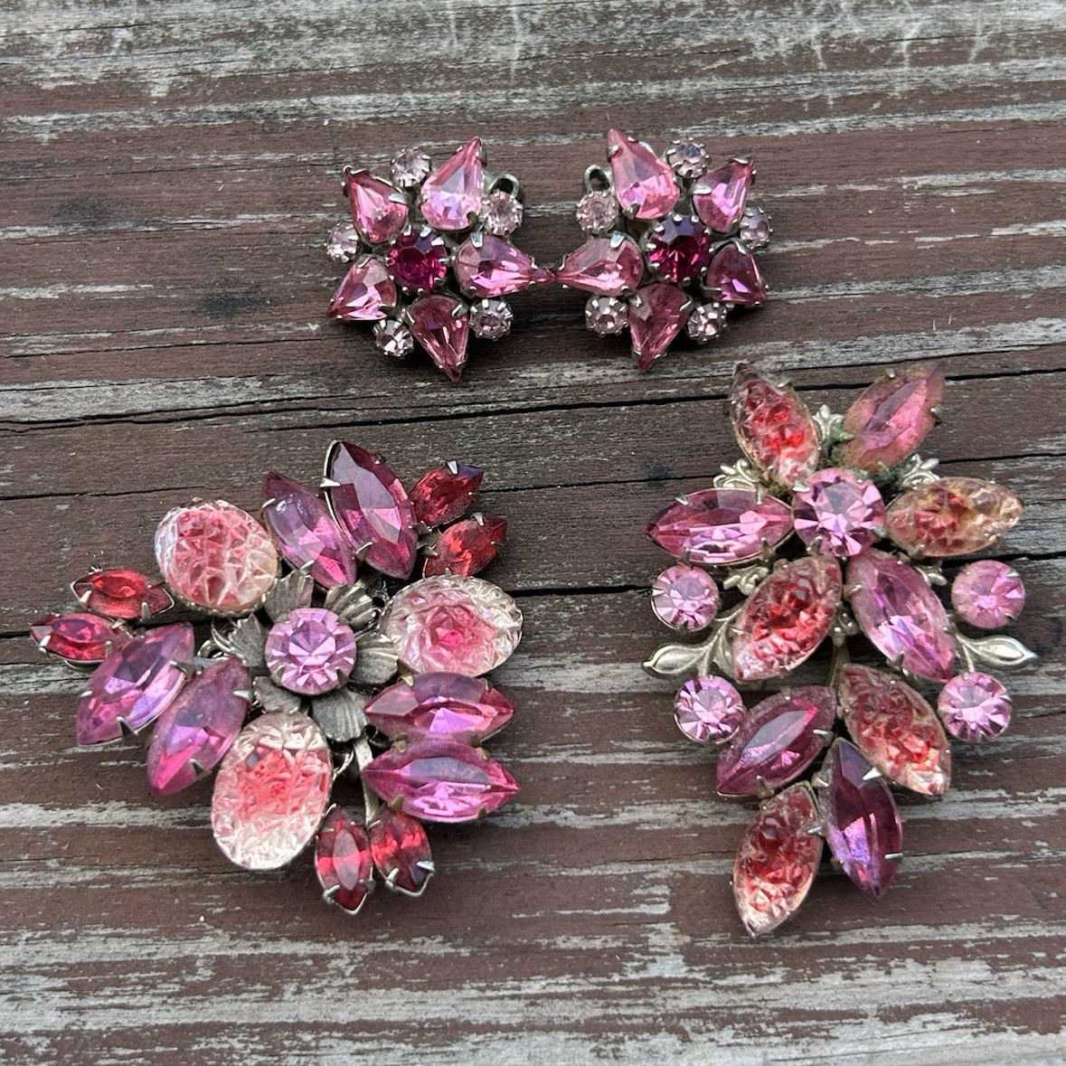 VTG Pink Rhinestone Flower Cluster Clip-On Lobe Earrings Set Lot, 2 Pairs