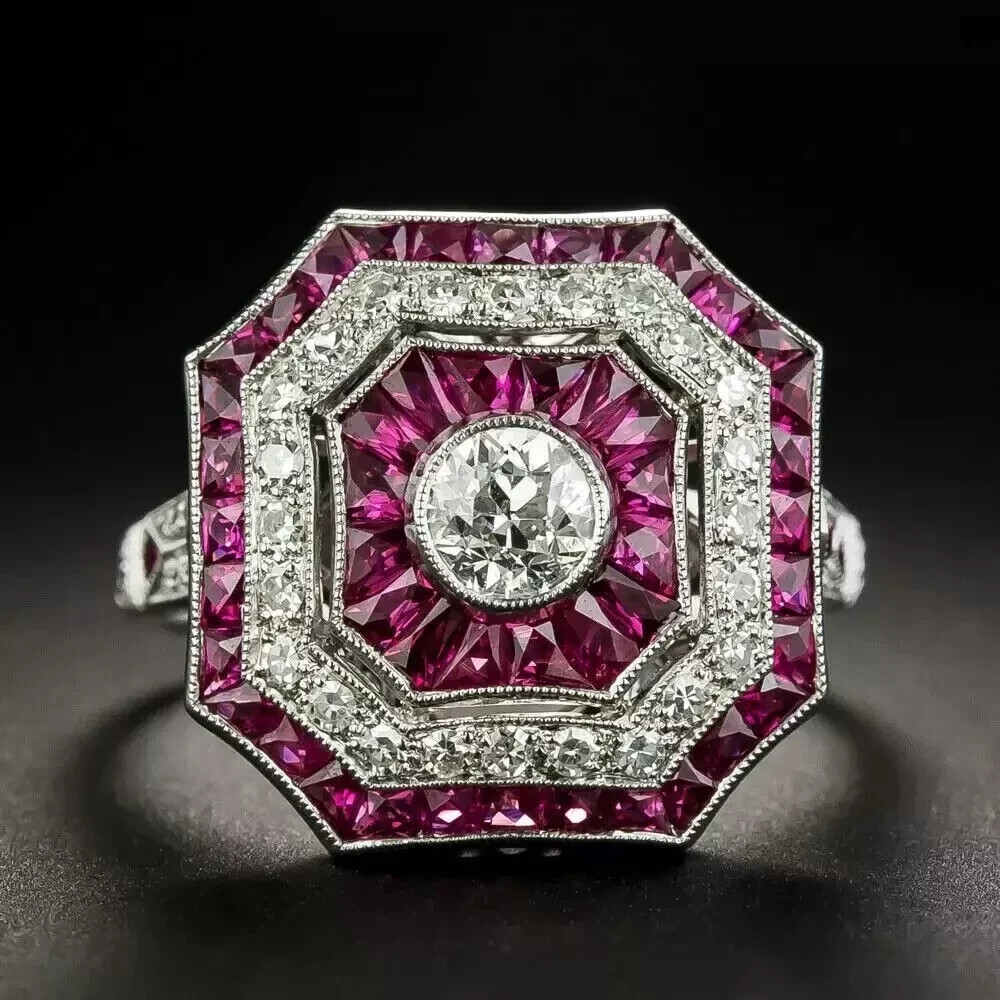 Art Deco Style Round Cut Lab Created Diamond Ruby Wedding 14K White Gold FN Ring