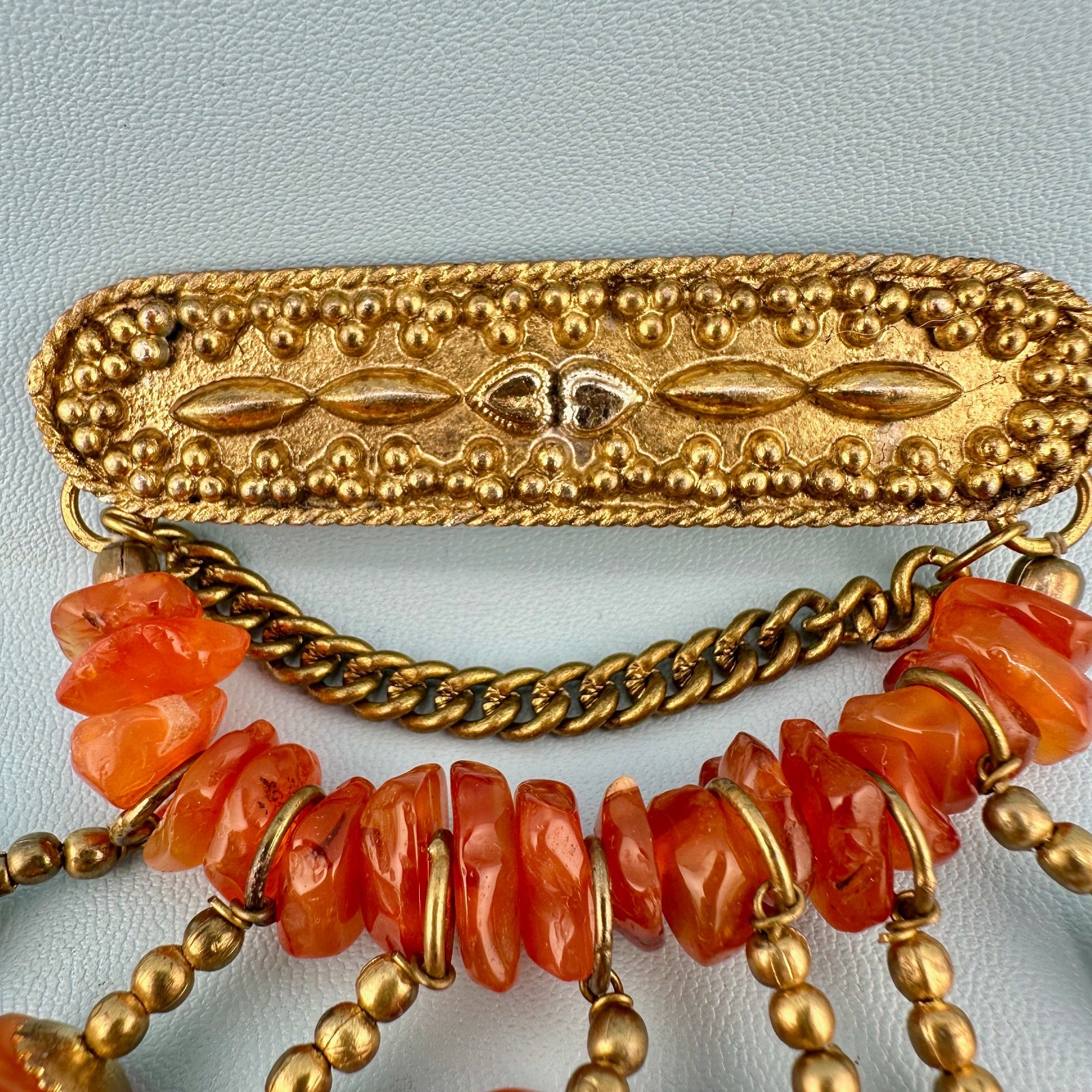 Vintage Bar Brooch Gold Tone Dangle Chains Carnelian Stone Beads Boho India