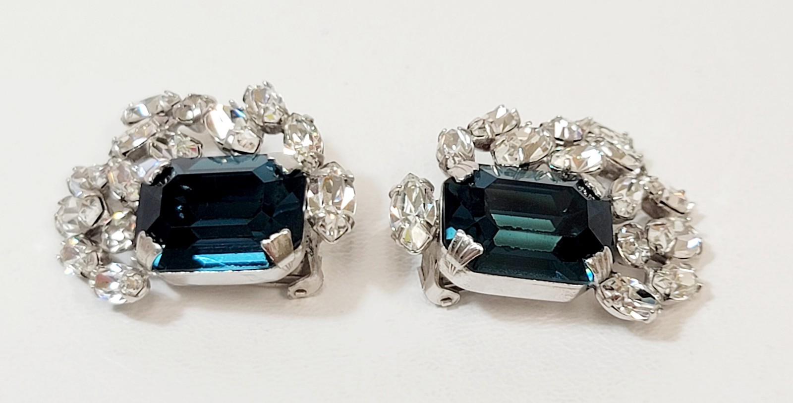 Vintage Schreiner Earrings Blue Rectangle Clear Rhinestones Gorgeous!