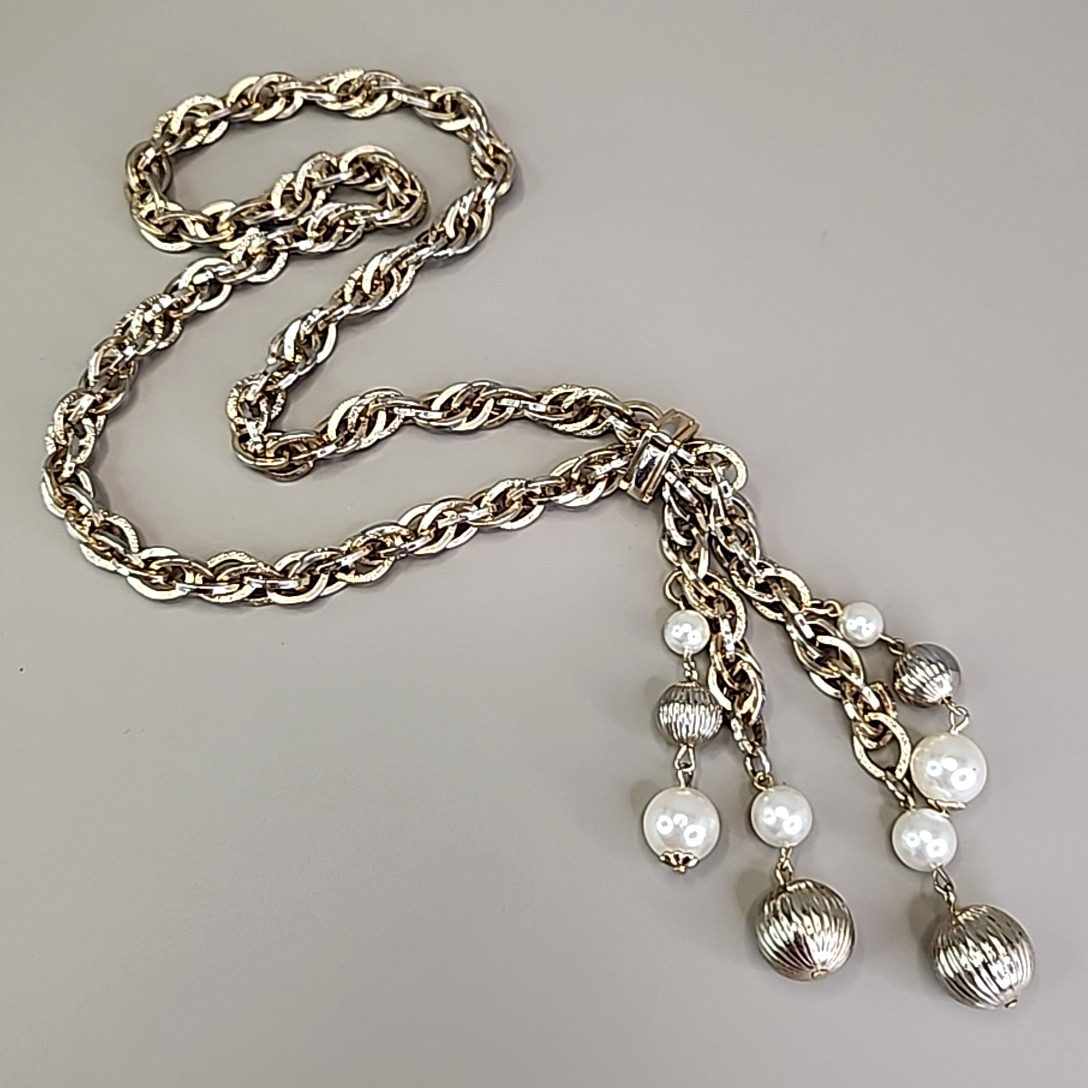 Vintage Slider Rope Necklace Tassel Faux Pearls Ribbed Ball Beads Chunky 28″