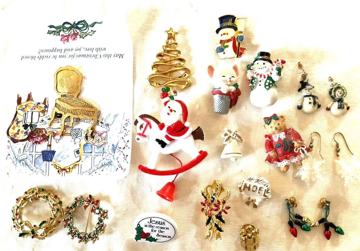 Vintage Christmas Jewelry Lot of 17 Pieces Earrings Pins Brooch Mixed Material