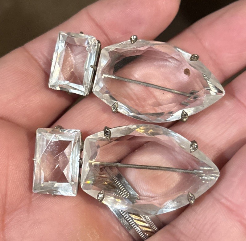 Vintage Pair Of Deco Czech? Clear Crystal Pin Brooch Silver Tone