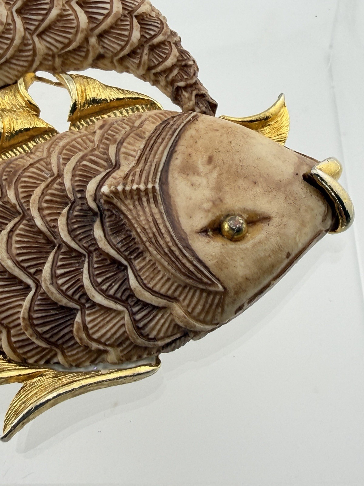 Vintage Razza Double Fish Necklace Carved Resin Faux Bone Gold Tone Large Pisces