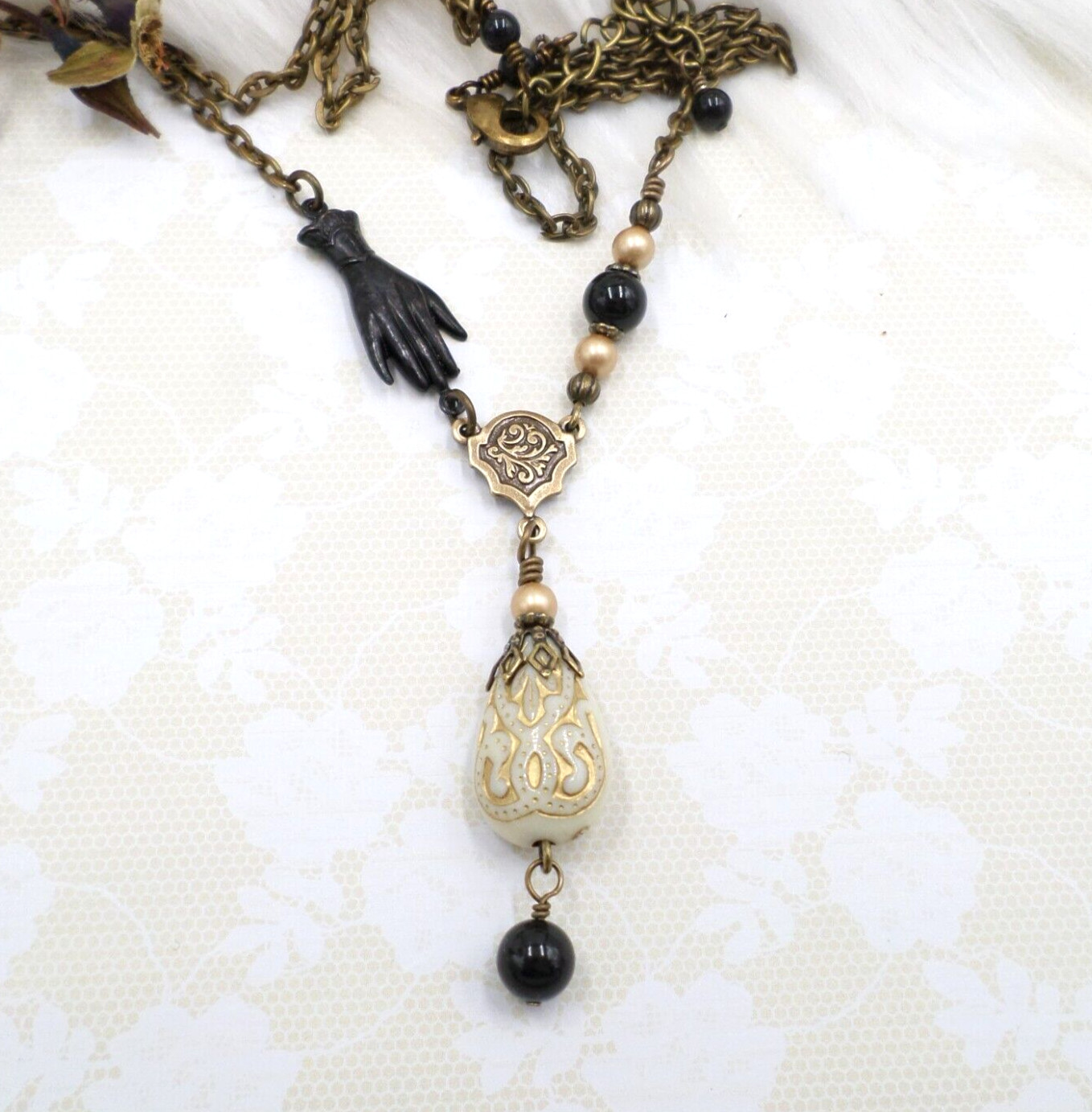 Victorian Reproduction Hand Necklace, Cream Black Gold Acrylic Metal Jewelry
