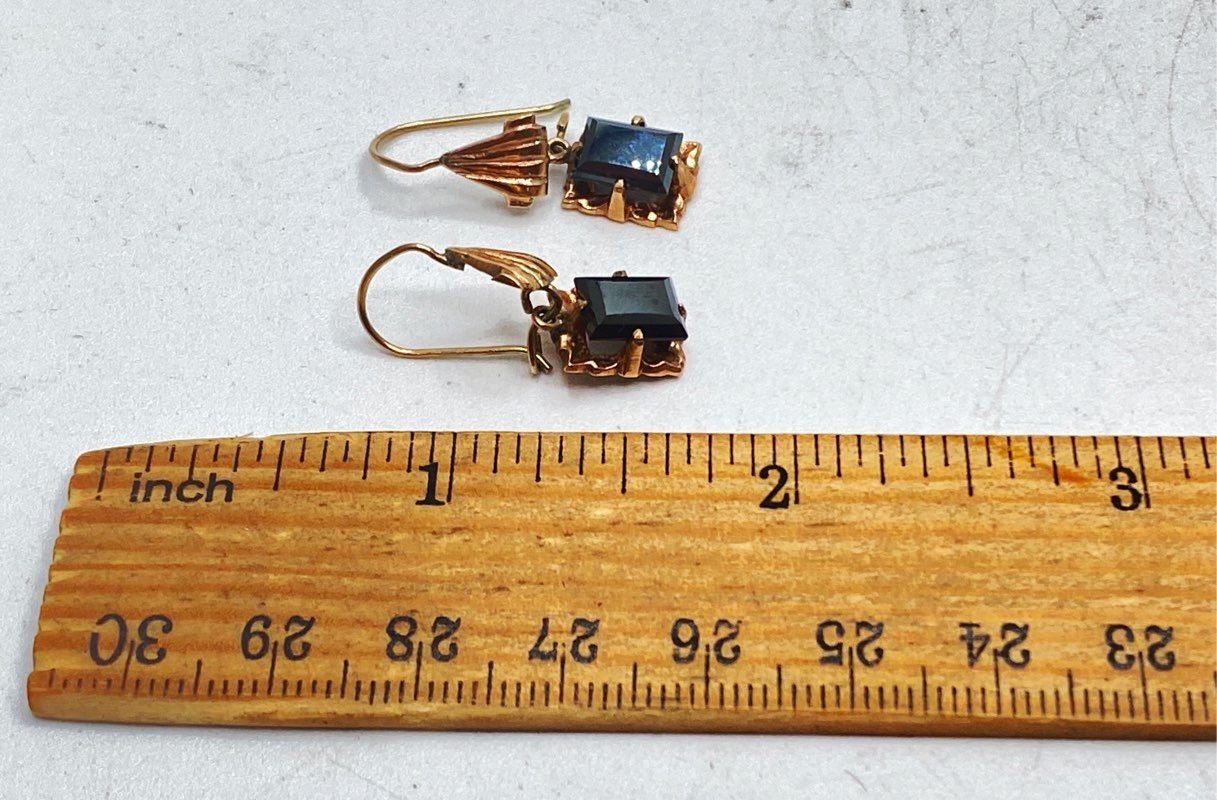 10K Yellow Gold Faceted Hematite Drop Earrings Vintage Style 1″ 3.4g