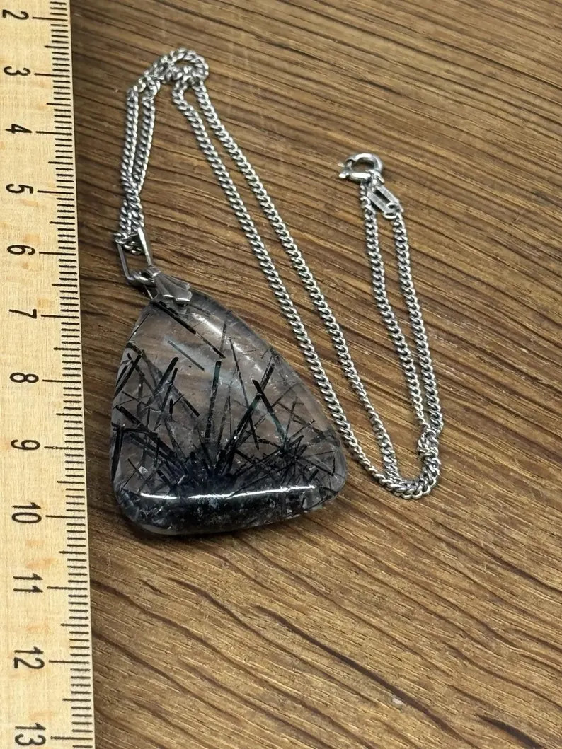 antique large rutilated tourmaline quartz pendant with chain necklace 835 silver