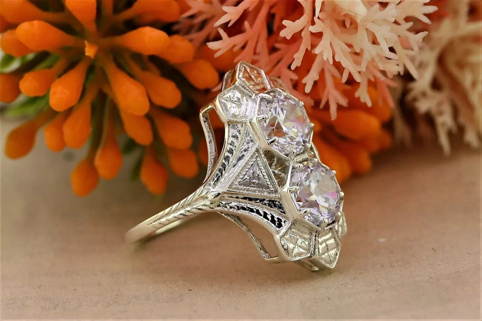 Art Deco Round Lab Created Diamond Two-Stone 14K White Gold FN Engagement Ring