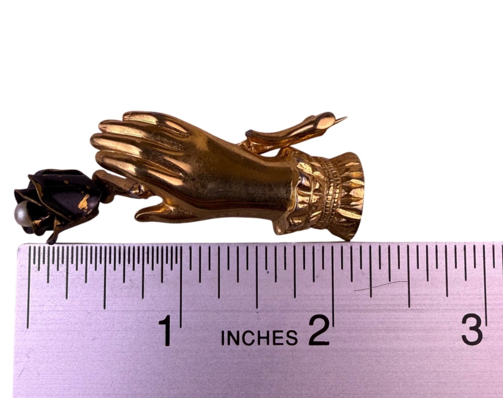 Vintage Unknown Gold Tone Metal & Enamel Hand Holding Rose Flower Brooch Pin